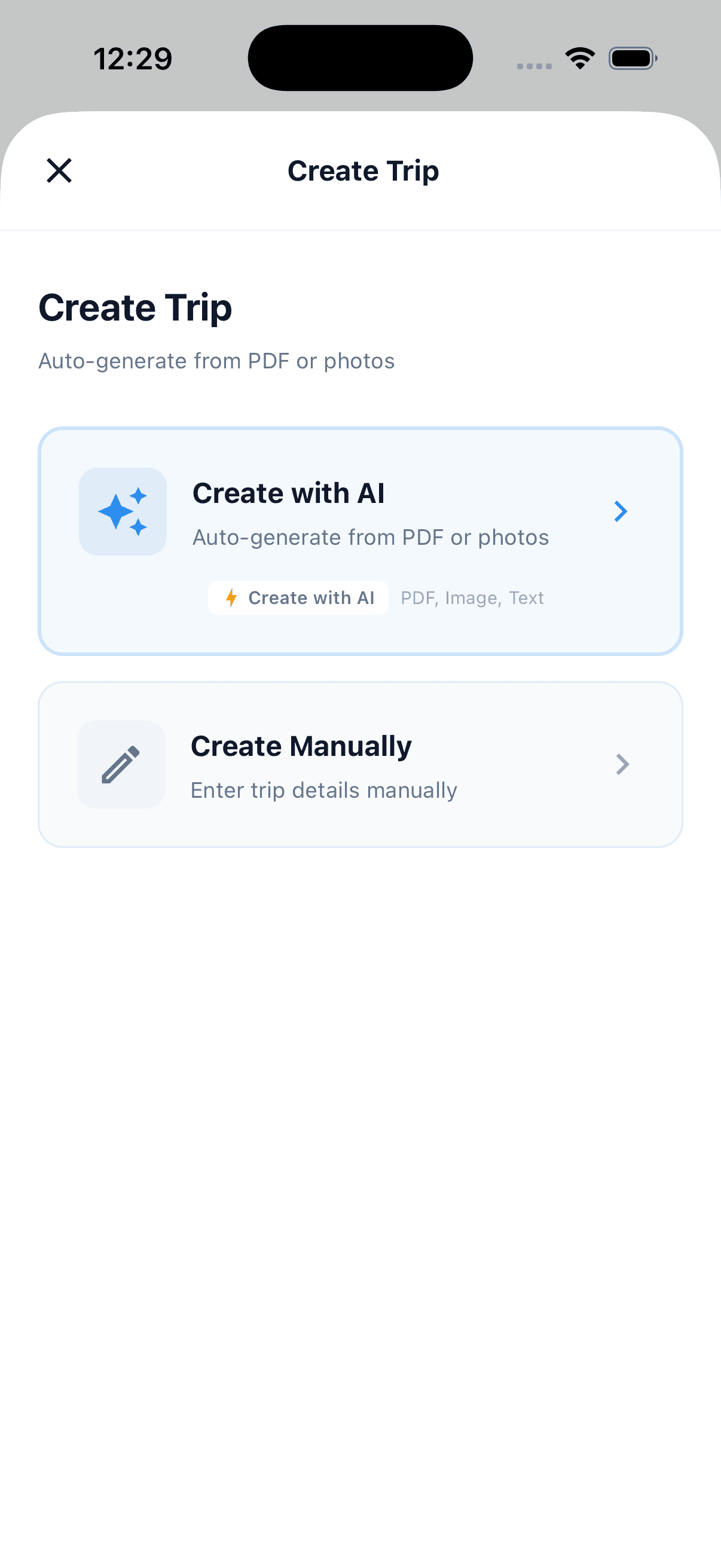 Create trip — AI vs Manual