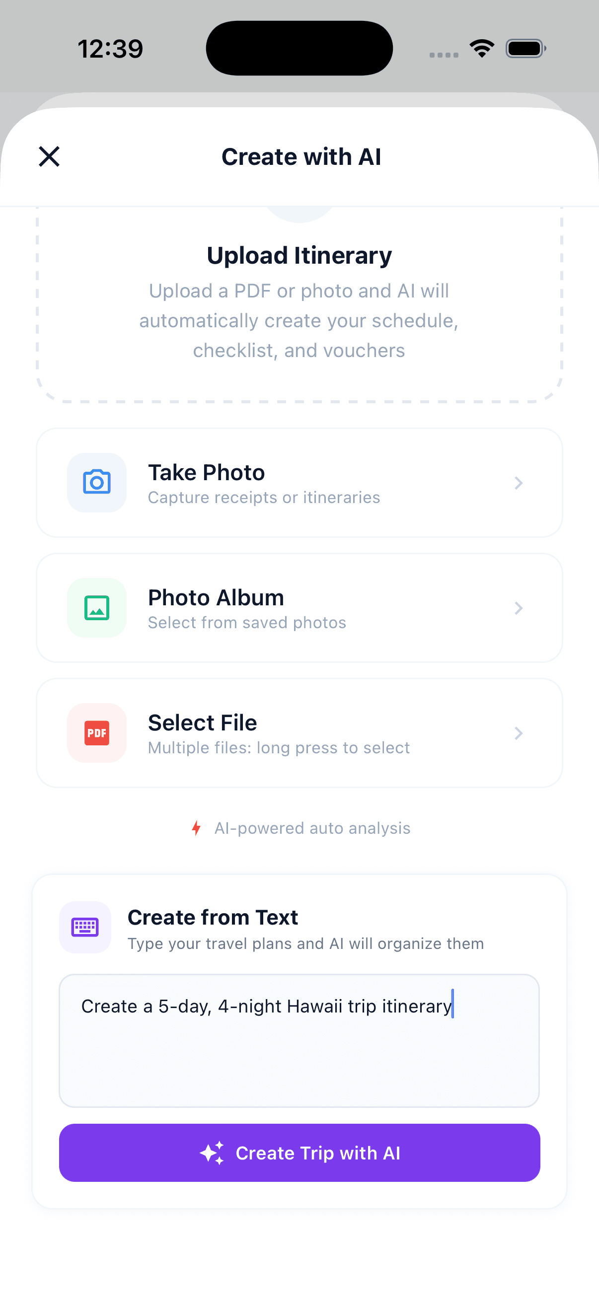 AI inputs — photo, album, file, text