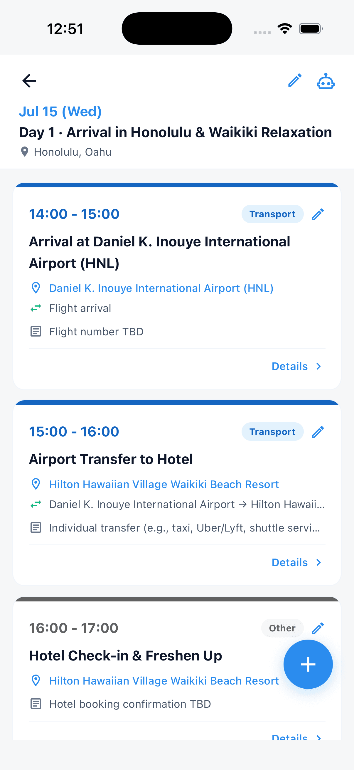 Event detail — Day 1 chronological cards