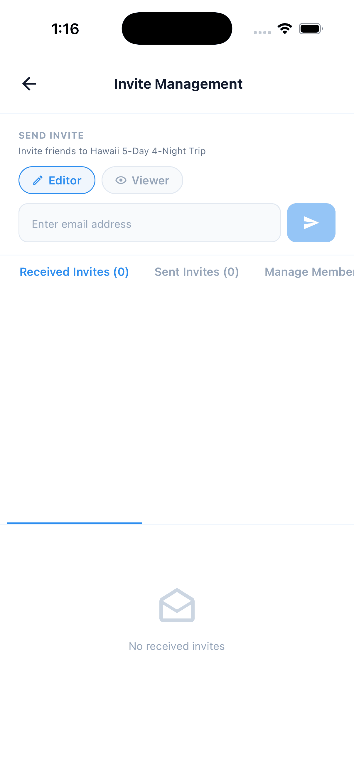 Invite manager — Editor/Viewer with email field