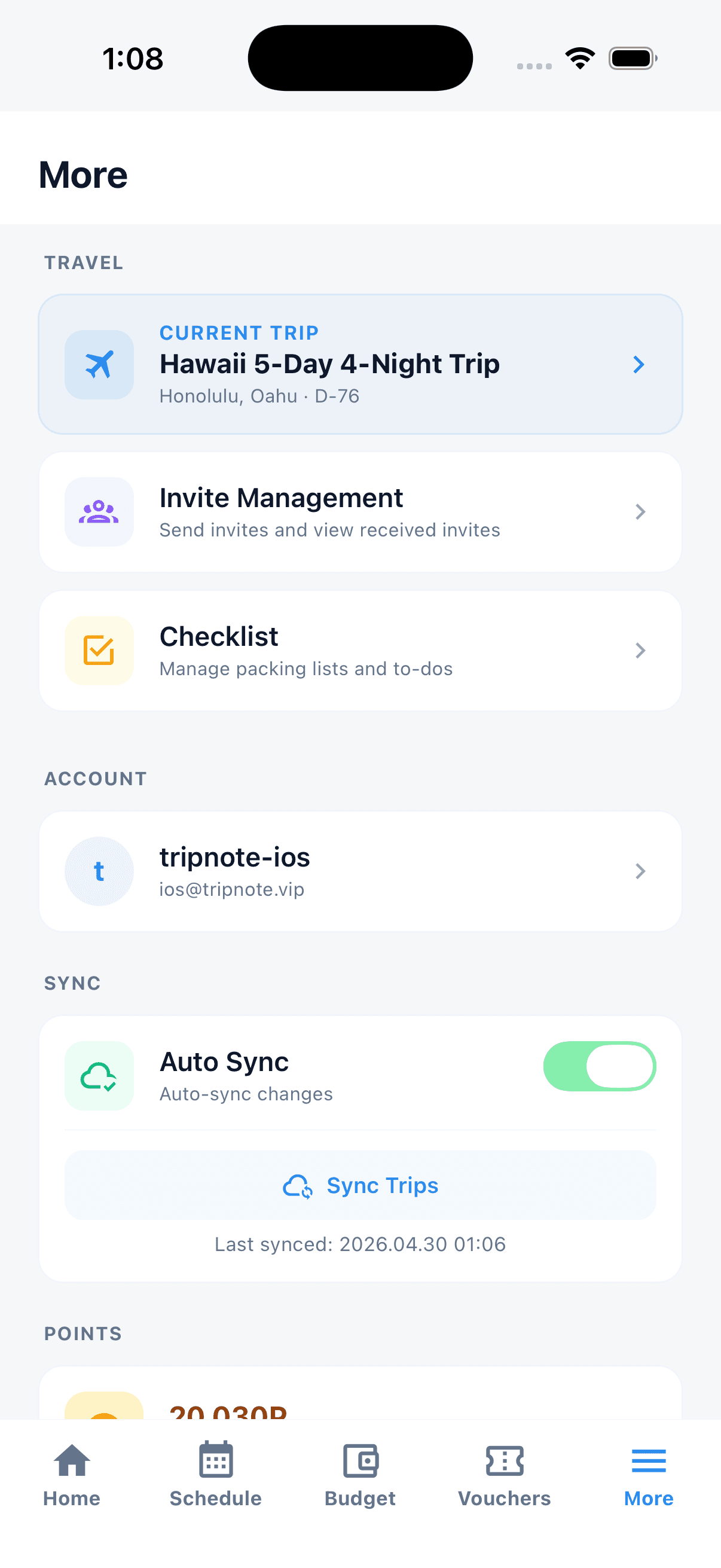 More tab — trip · account · sync