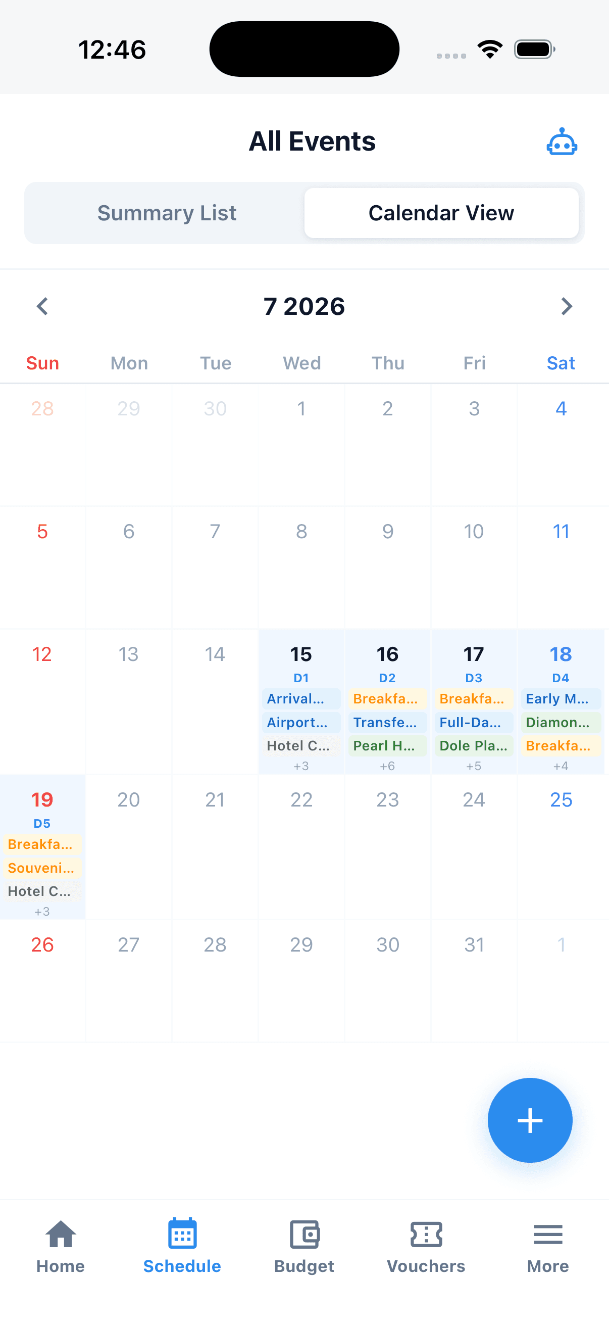 Schedule tab — monthly calendar view