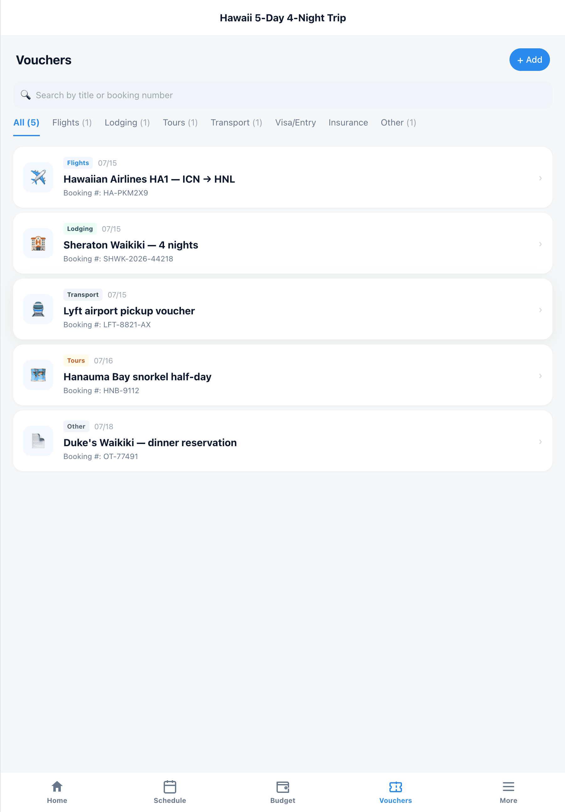 Web vouchers — flights, hotels, tours, transport