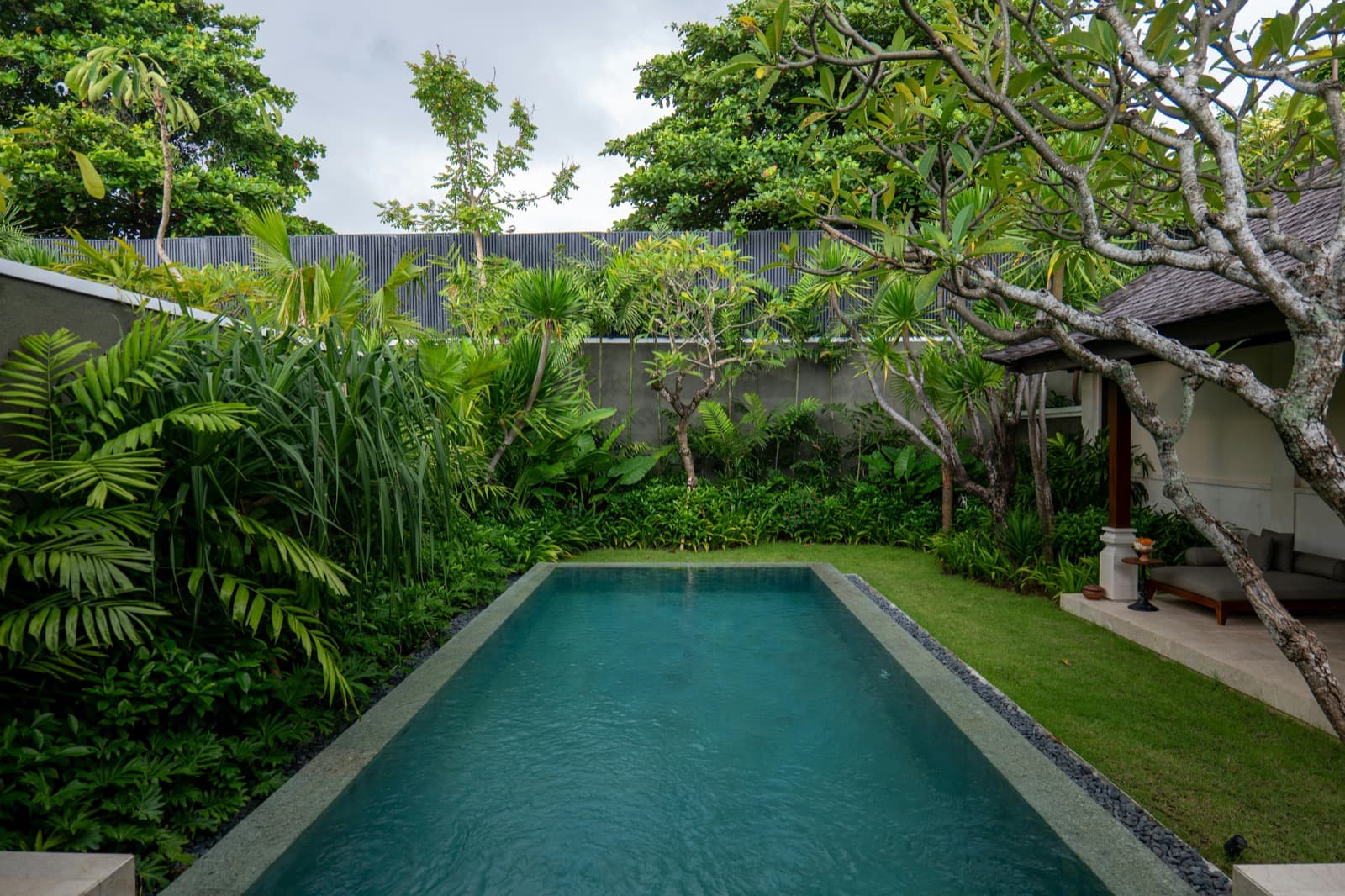 Ubud honeymoon pool villa, frangipani trees surrounding a private pool, just the two of you in the middle of the jungle