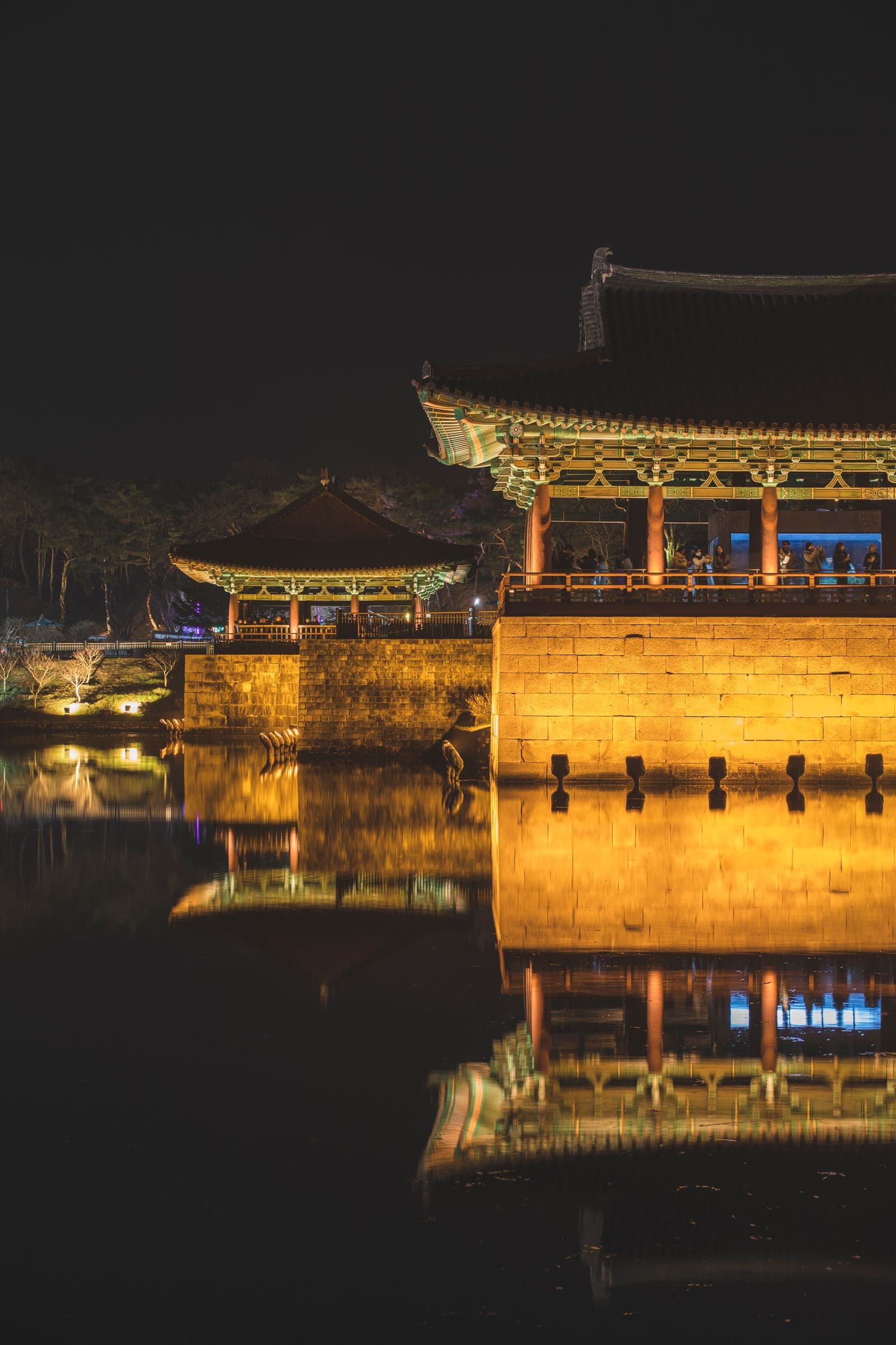 ライトアップされた東宮と月池の楼閣が池に映る夜景