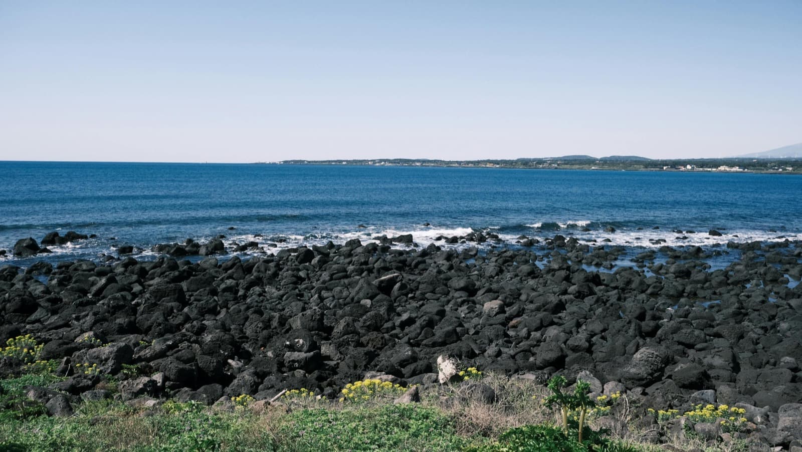 Jeju volcanic coastline, black lava rock and clear sea, typical of Jeju Island's unique landscape