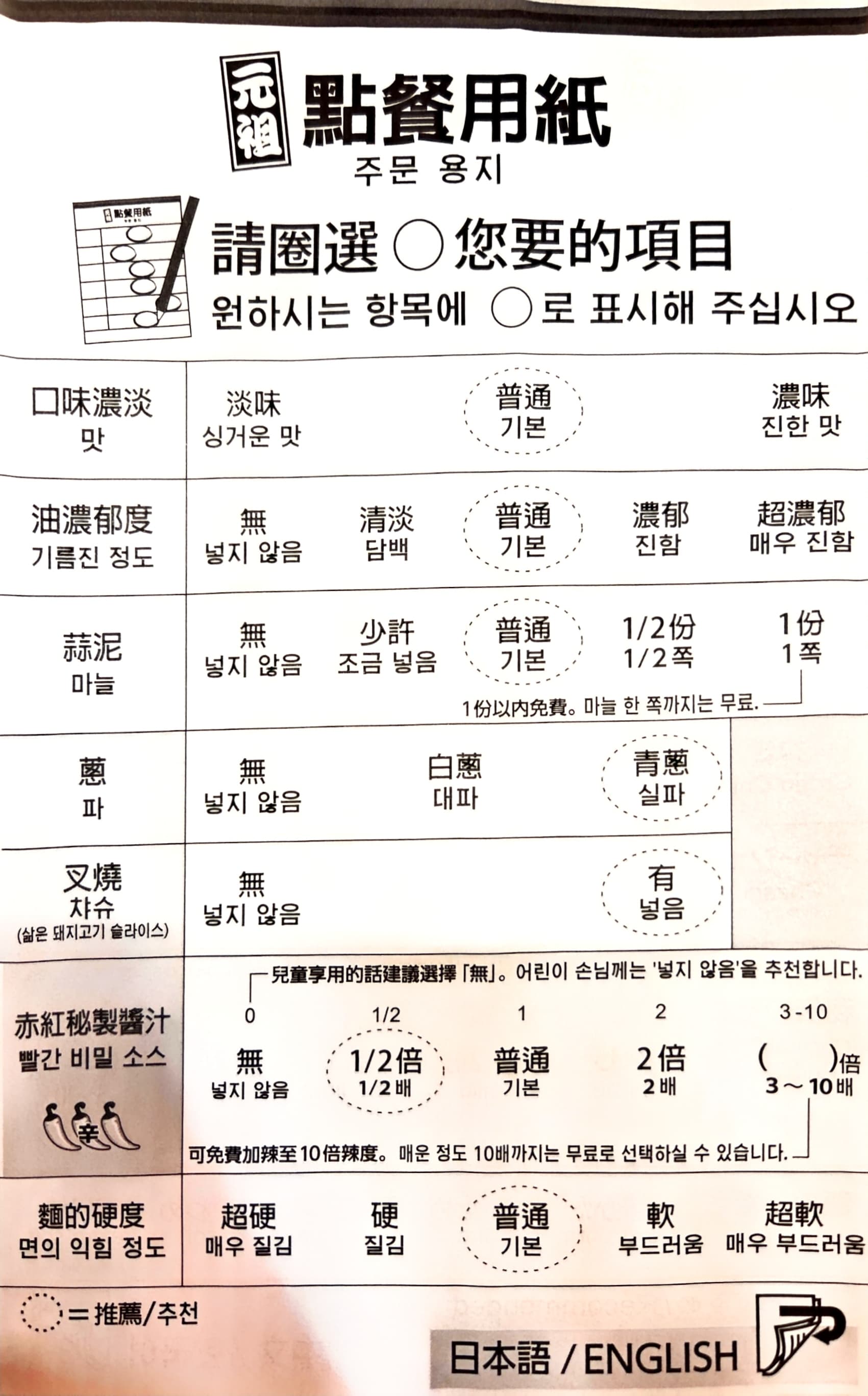 한국어 설명이 병기된 이치란 주문 용지
