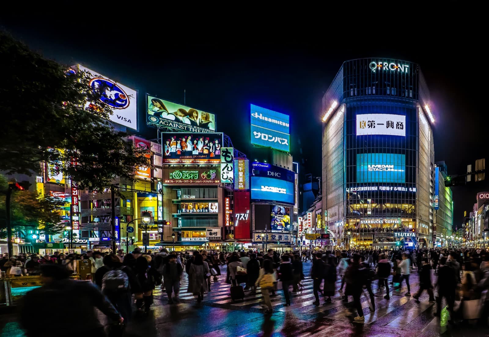 Shibuya Scramble Crossing at night, Tokyo's most iconic intersection illuminated by neon billboards and thousands of pedestrians