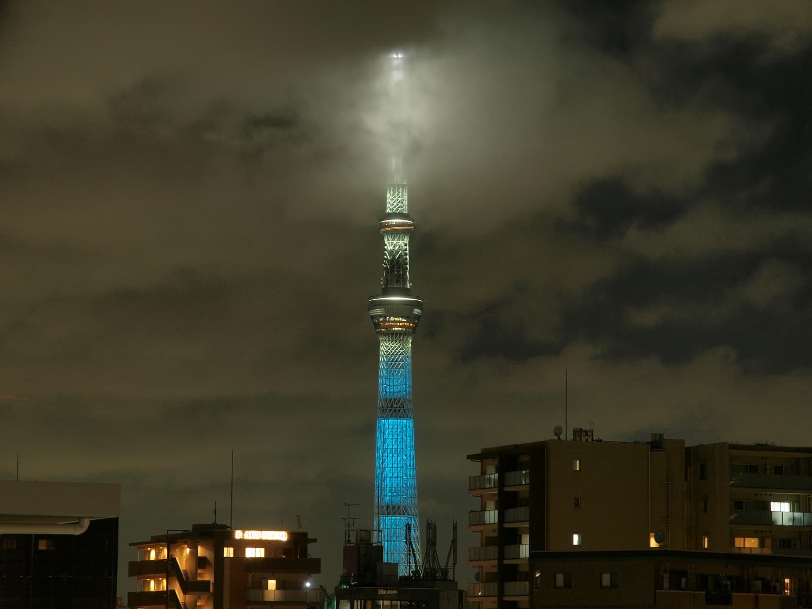 Tokyo Skytree at night, 634m, the world's tallest free-standing broadcast tower glowing above the city
