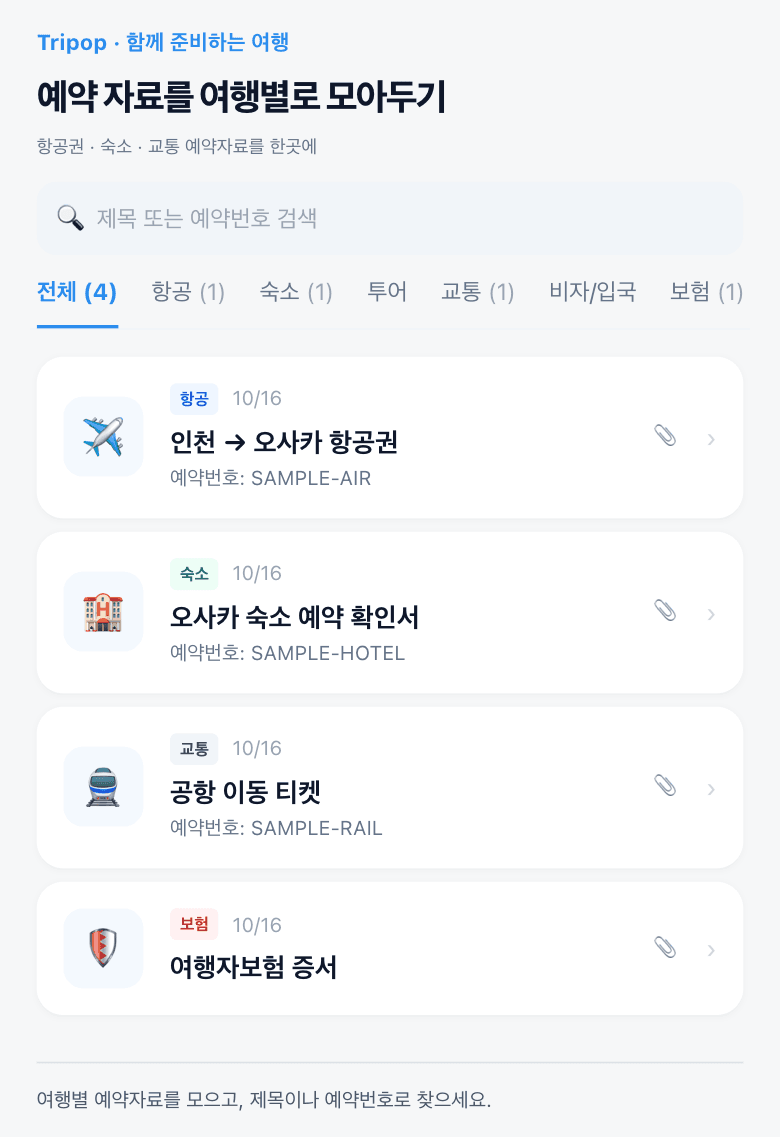 항공권·숙소·교통 티켓을 여행별로 모은 트립팝 예약자료 목록