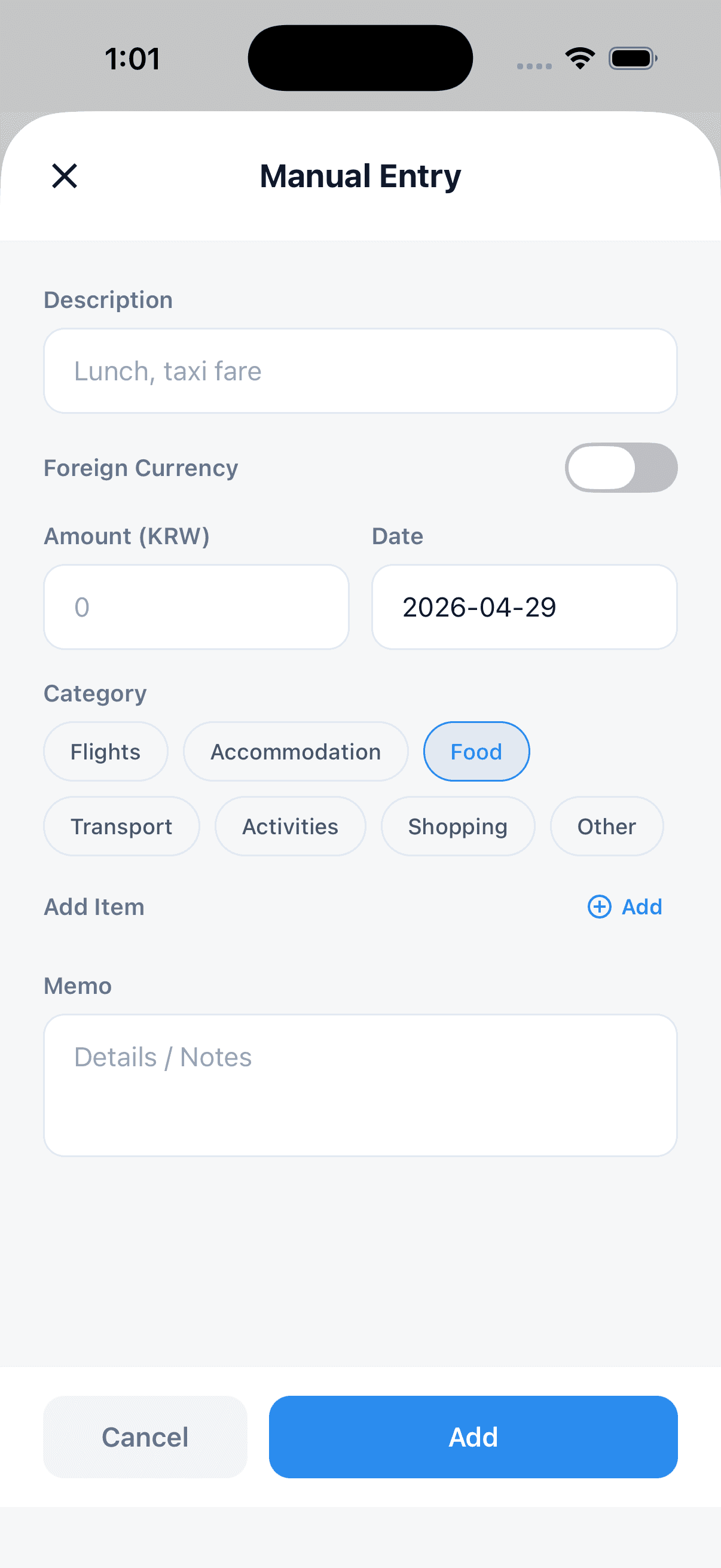 Add expense via AI, receipt upload options