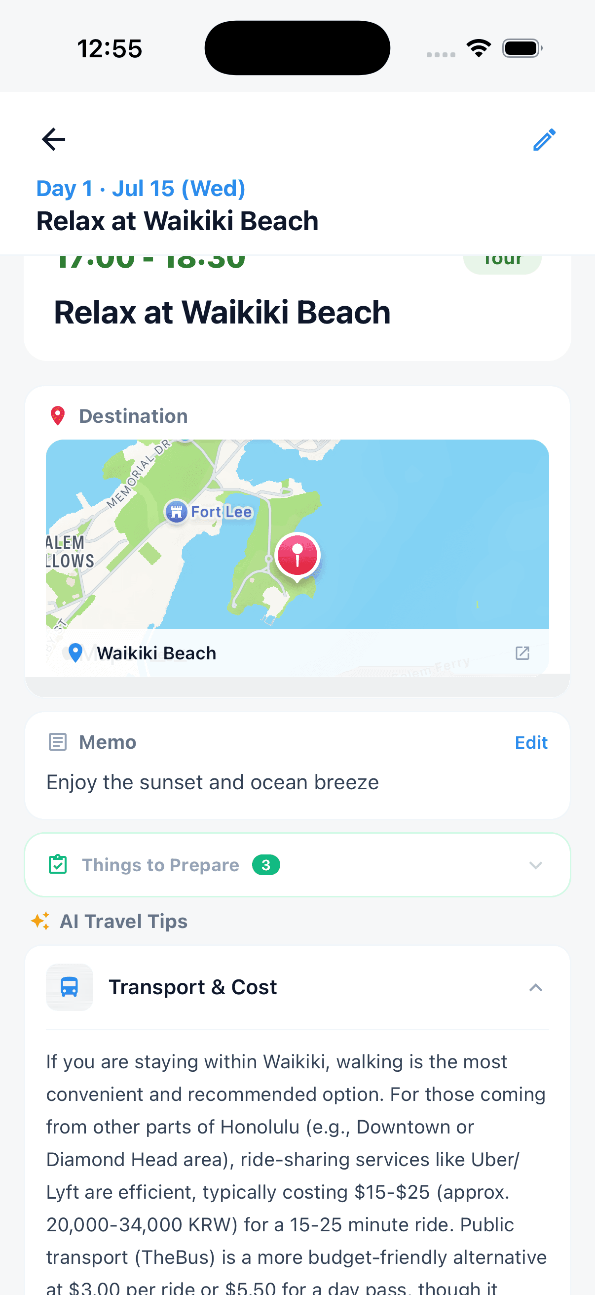 AI travel tips, transport and cost section