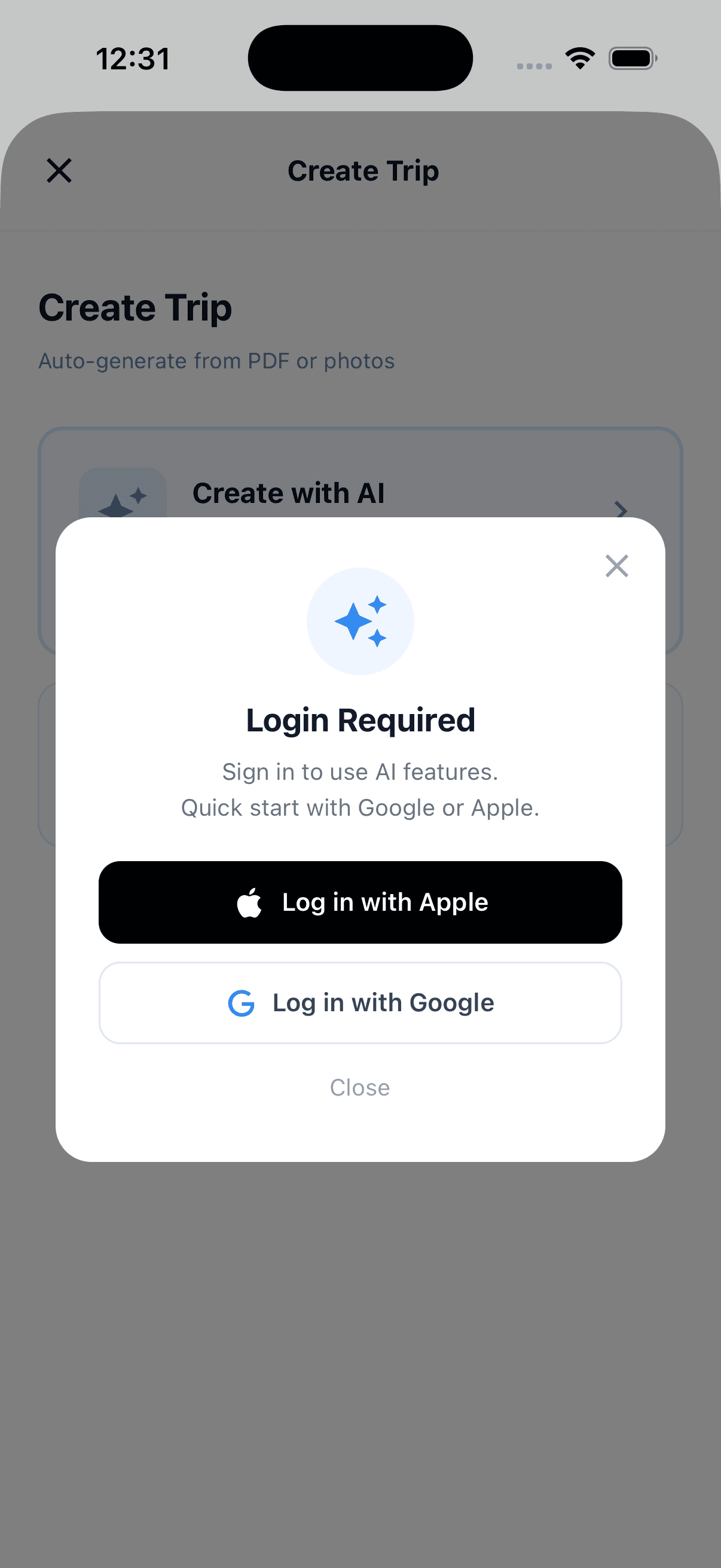 Tripop login modal, Apple and Google sign-in