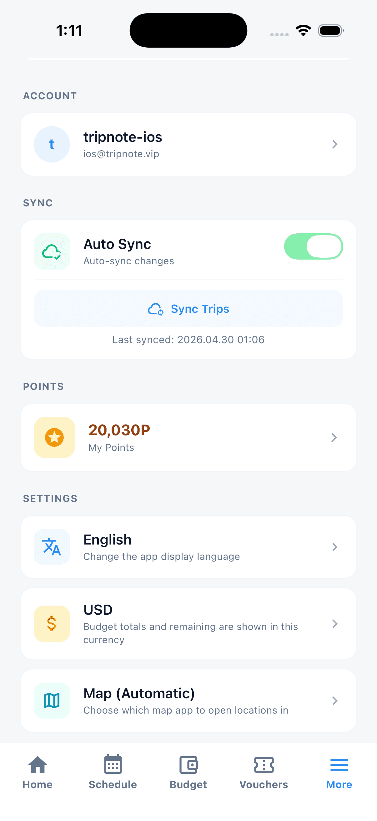 More tab — points · language · currency · maps