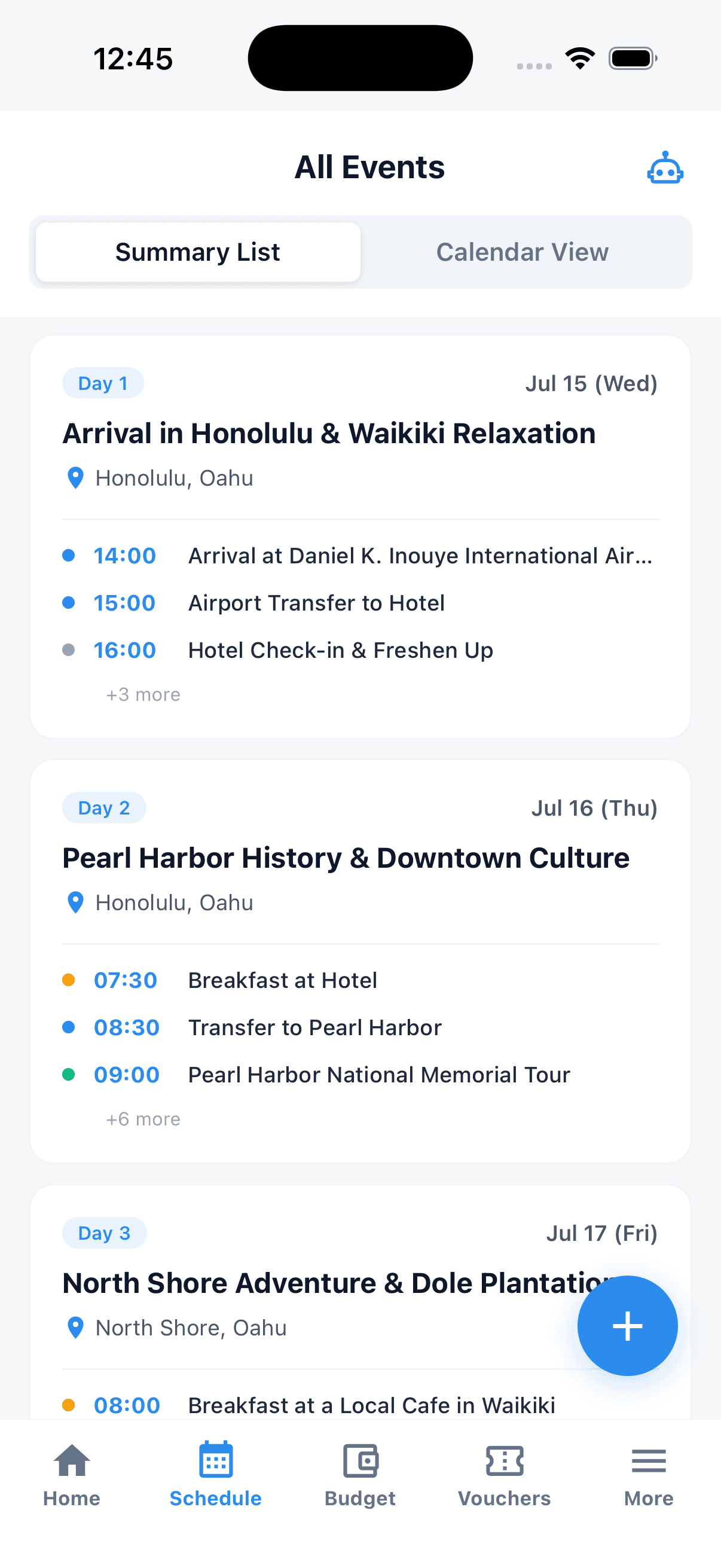 Schedule tab, daily summary list