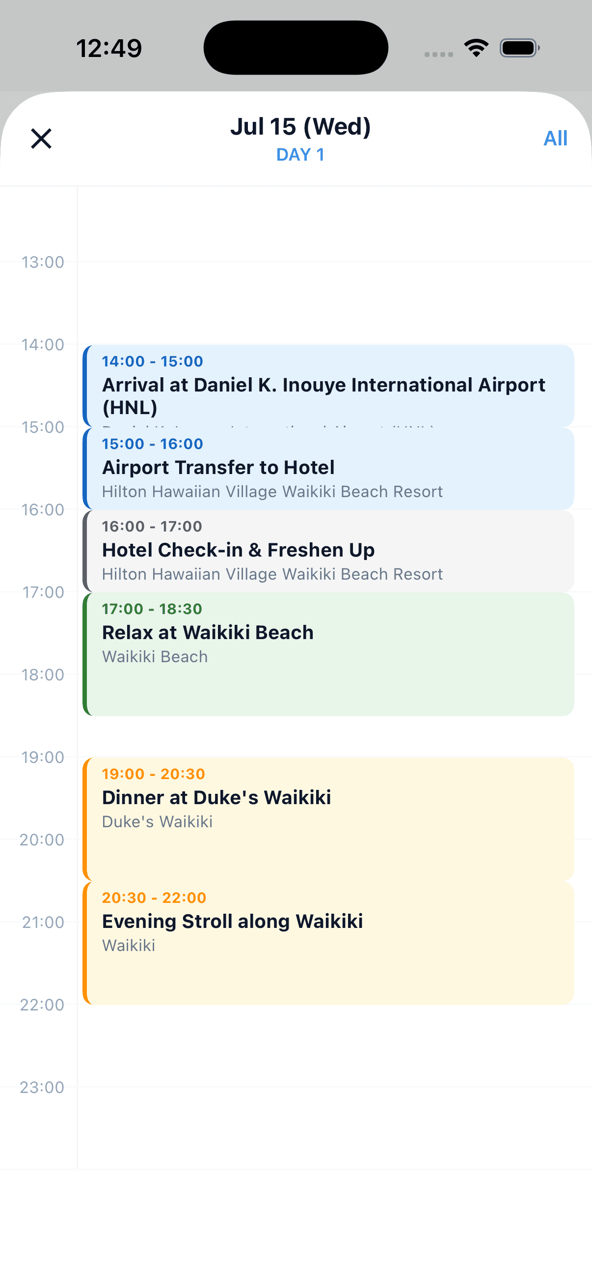 Schedule tab, 24-hour day timeline