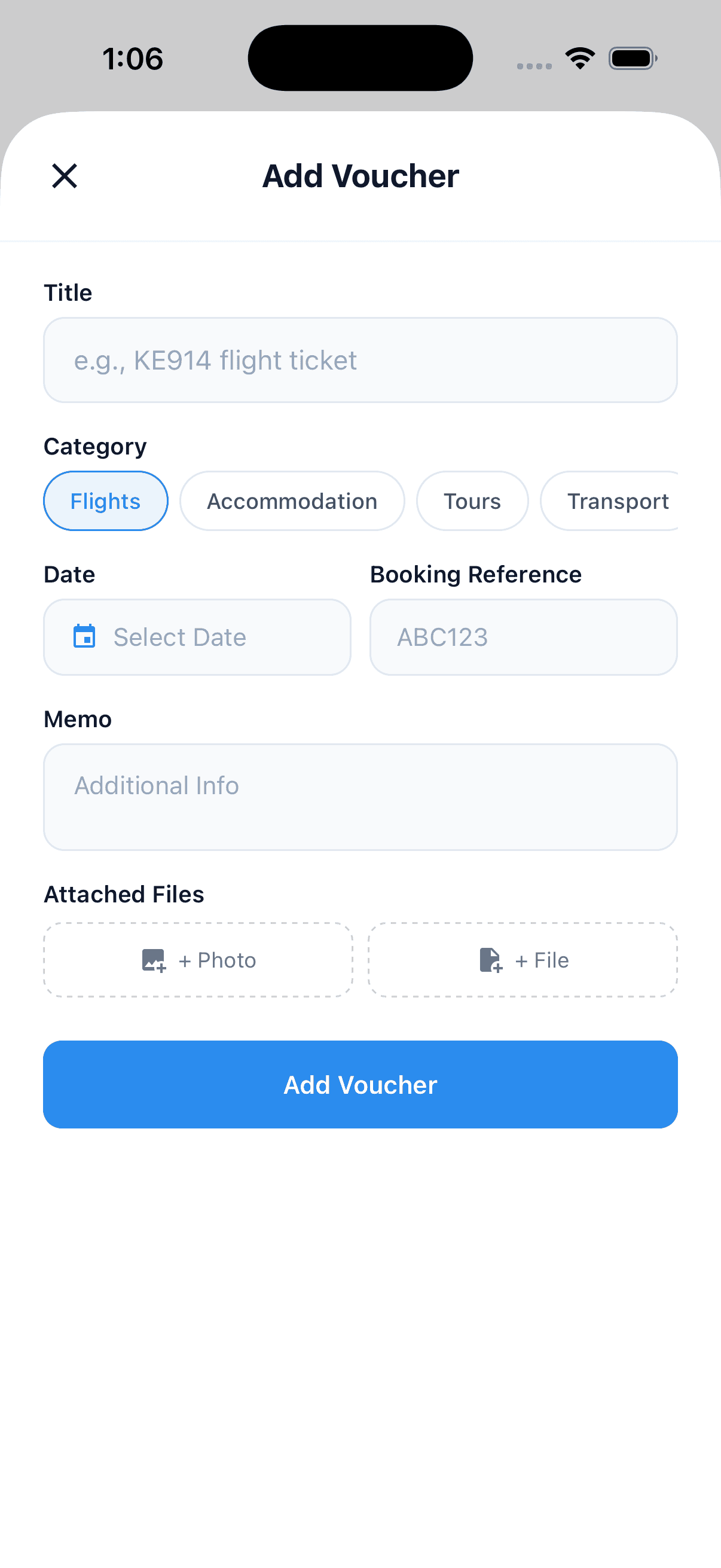 Voucher list, flights, hotels, tours