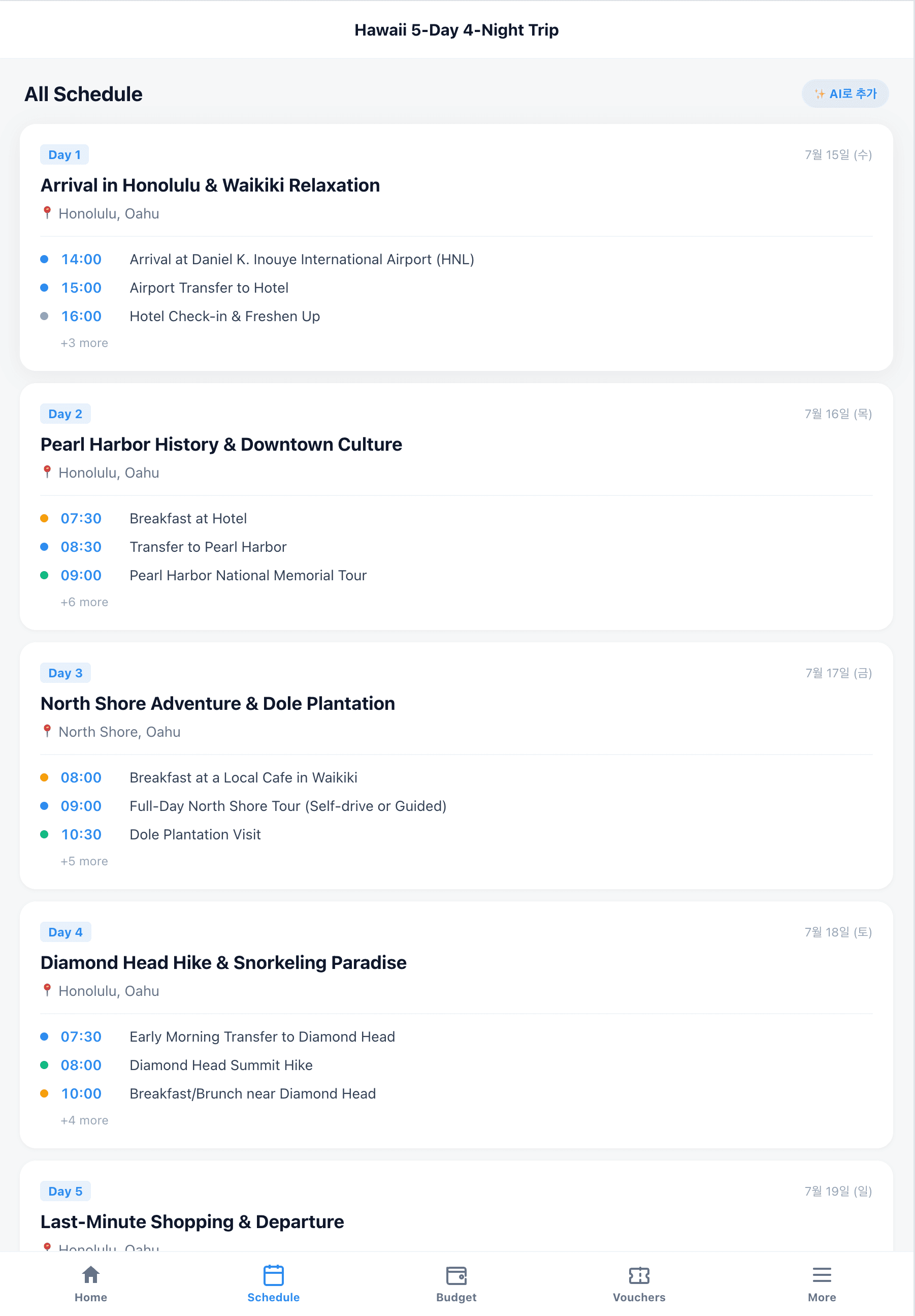 Web schedule, Day 1 to Day 5 overview