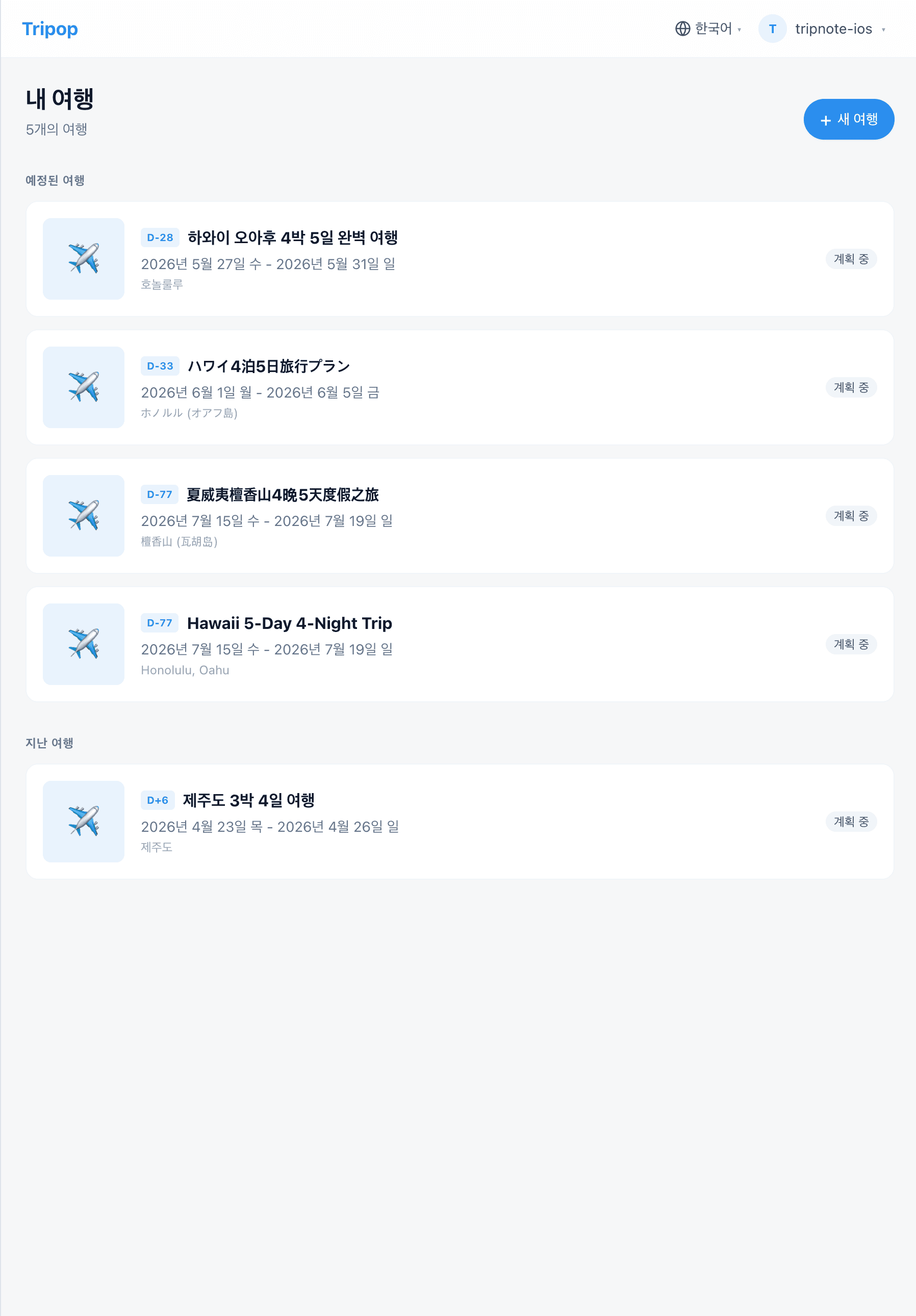 웹 대시보드, 현재·예정·지난 여행