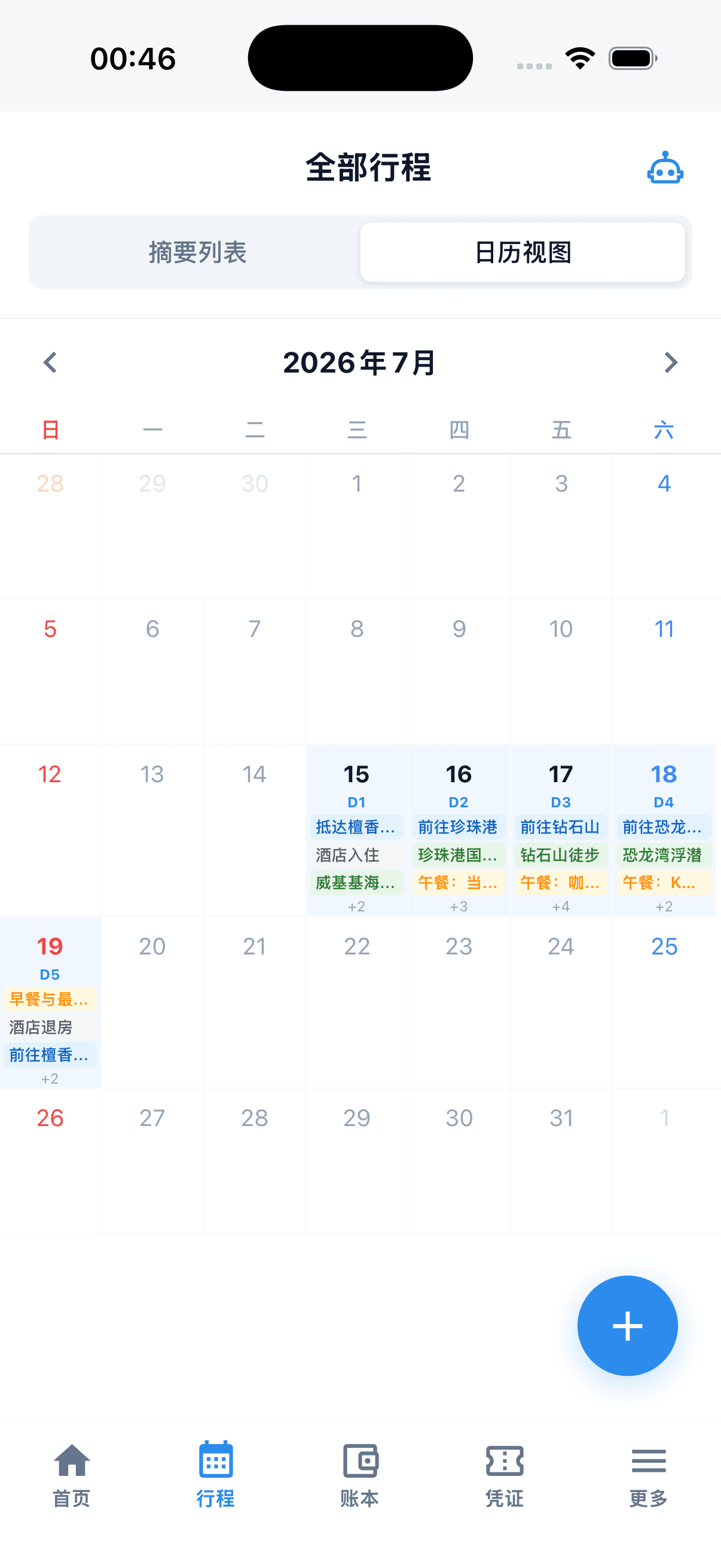 行程页, 24小时时间轴