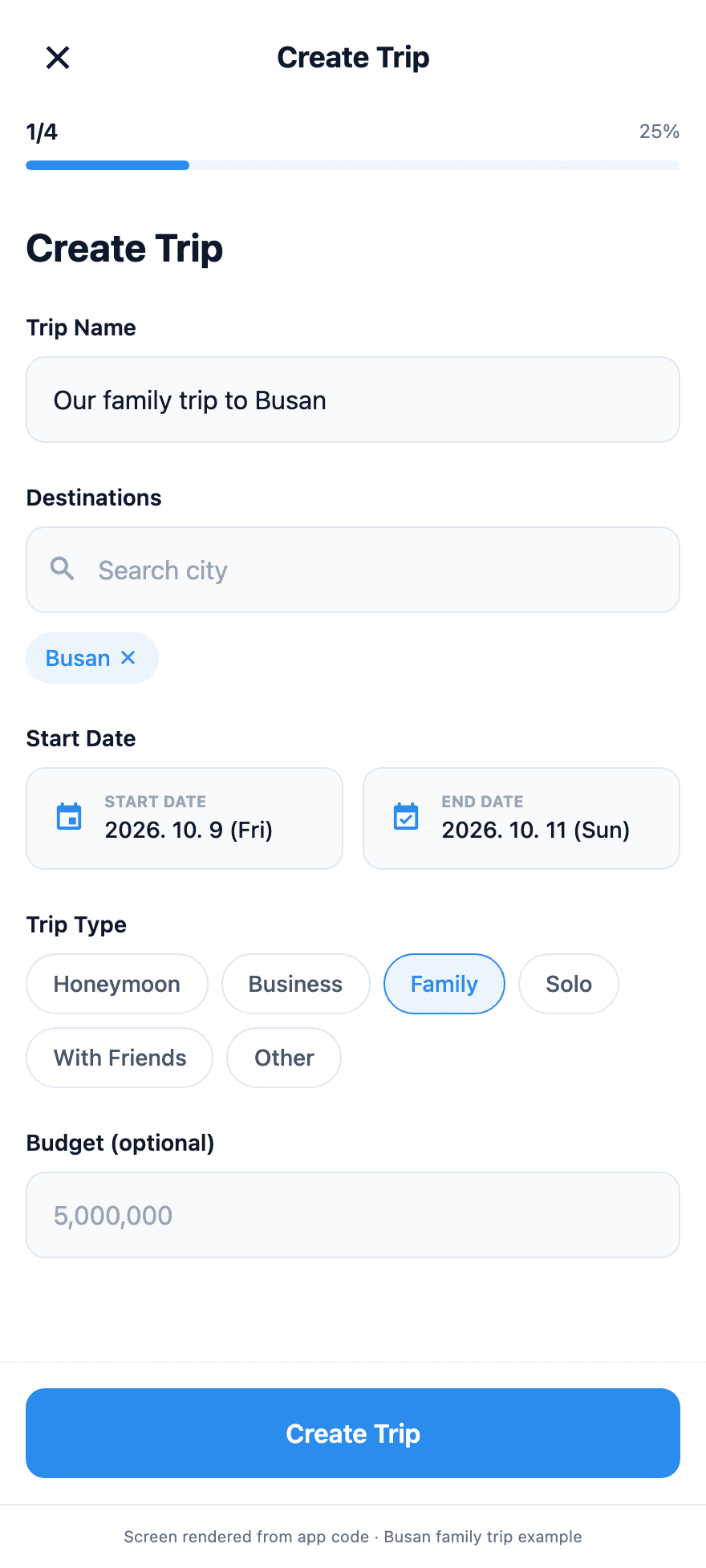Example Tripop Create Trip screen with the name and dates for a family trip to Busan