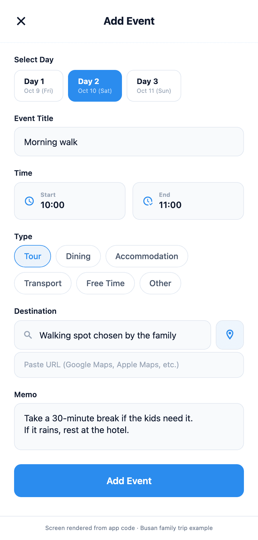 Example Tripop Add Event screen showing the time, place, and memo for a family activity