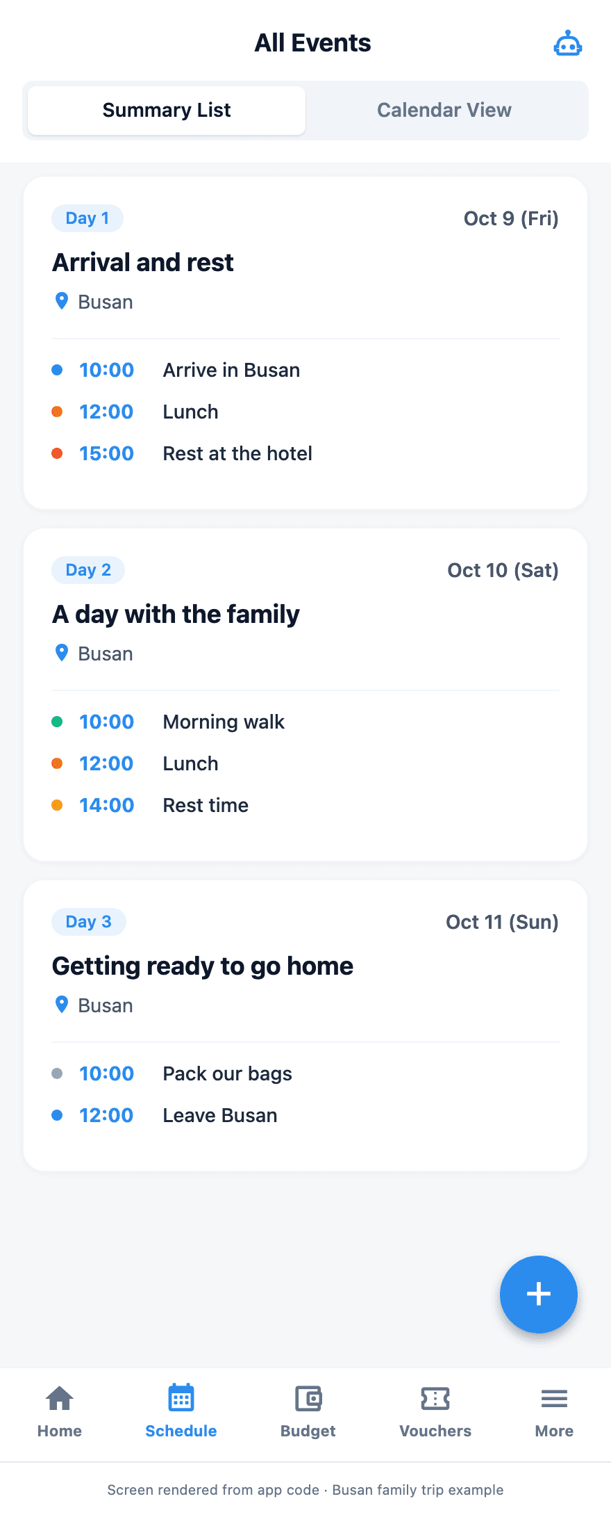 Example Tripop screen showing the daily itinerary for a family trip to Busan