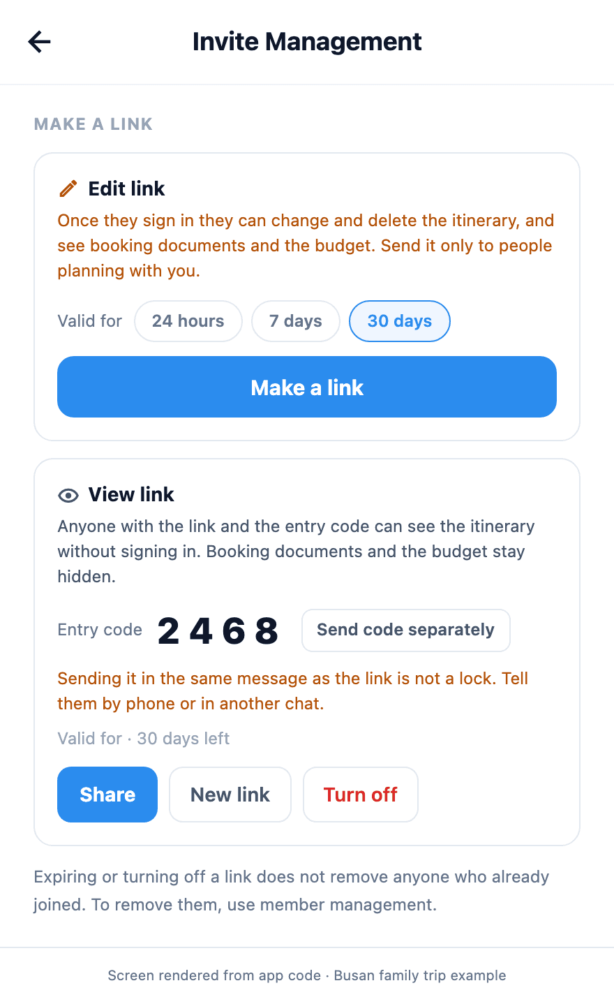 Example Tripop screen showing a view link's validity period, entry code, and Share button