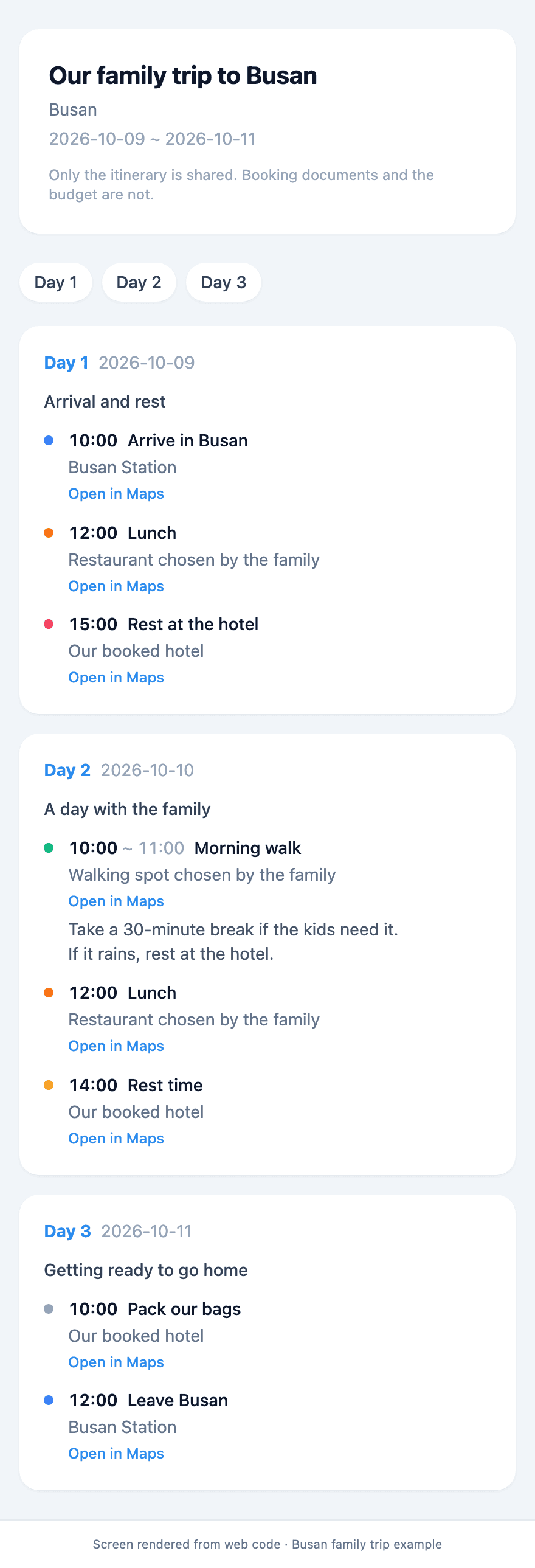 Example shared Busan itinerary as a family member would read it on the web