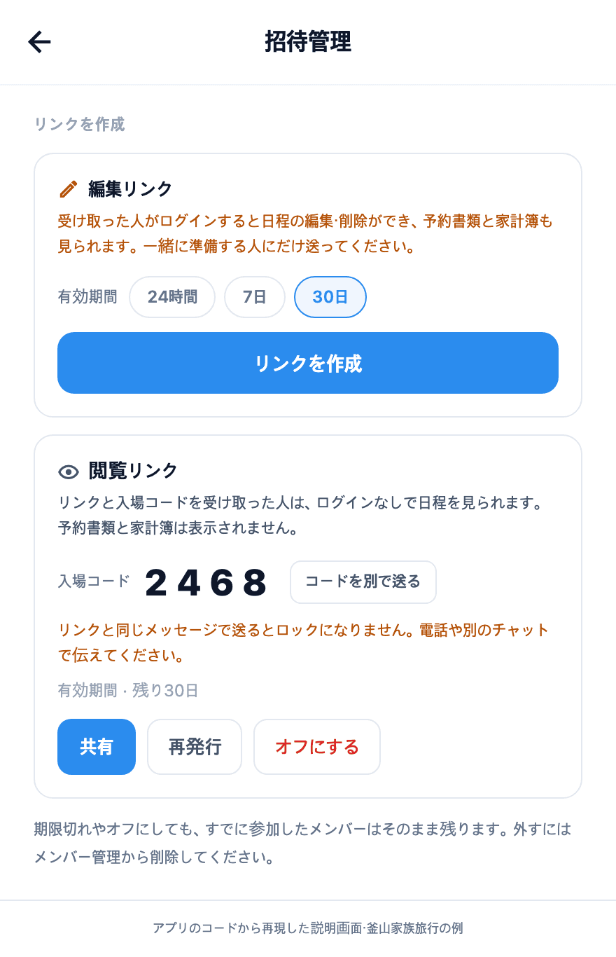 閲覧リンクの有効期間と入場コード、共有ボタンを示すTripopのサンプル画面