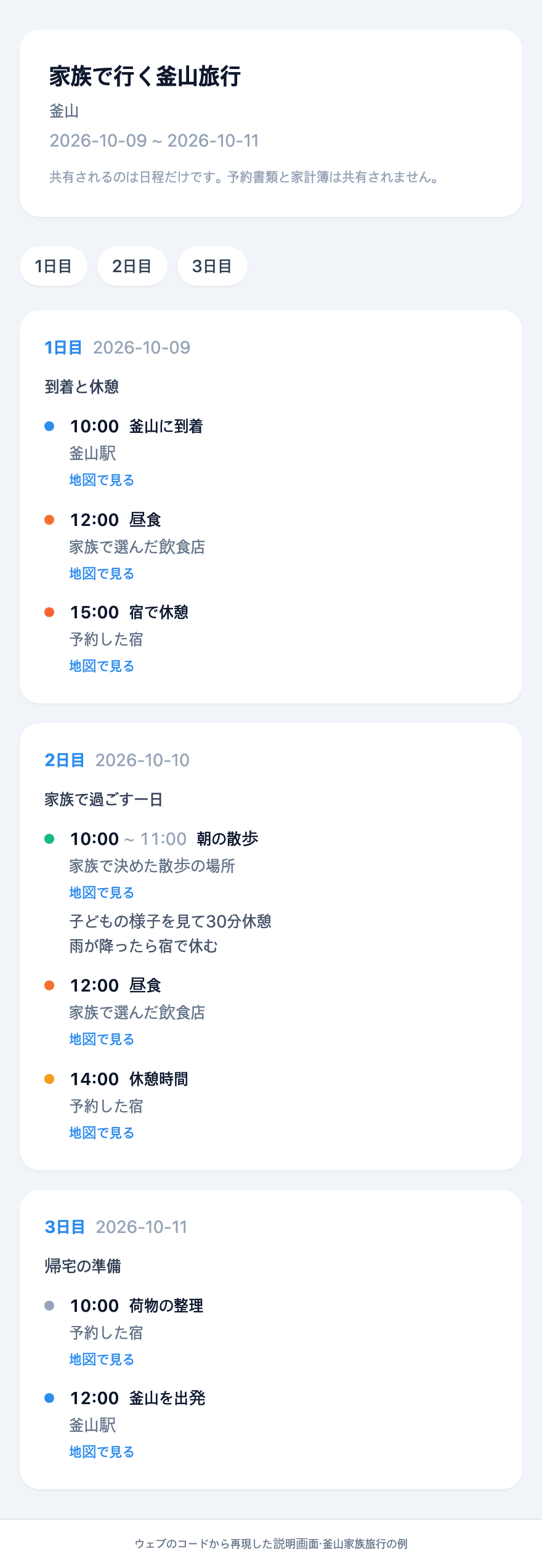 家族がウェブで読む釜山旅行のサンプル共有日程画面
