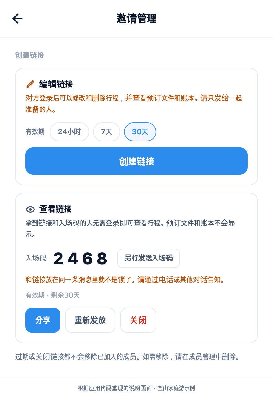 展示查看链接有效期、入场码和分享按钮的Tripop示例画面