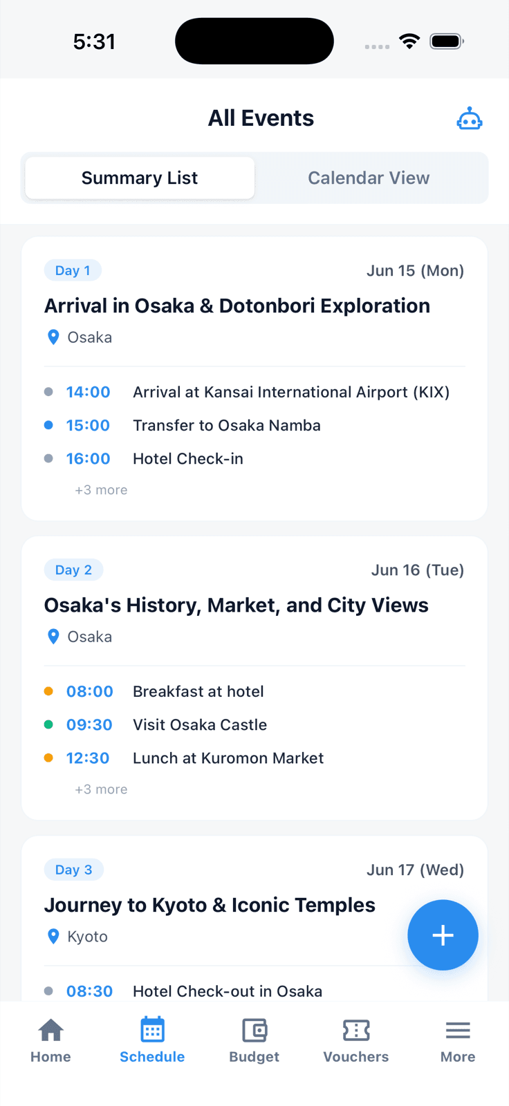 Tripop English summary list, Day 1 Arrival in Osaka and Dotonbori, Day 2 Osaka Castle and Kuromon Market, Day 3 Journey to Kyoto and iconic temples