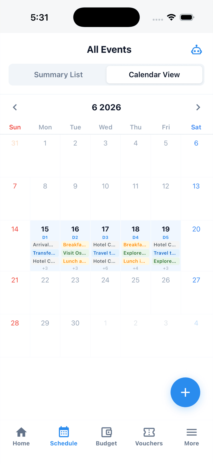 Tripop English calendar view, June 15-19, D1-D5 Osaka/Kyoto/Nara itinerary