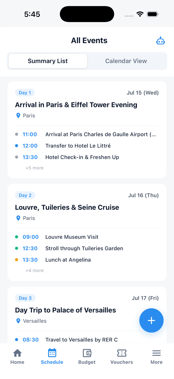Tripop English summary list, Day 1 Arrival in Paris and Eiffel Tower evening, Day 2 Louvre/Tuileries/Seine cruise, Day 3 Day trip to Palace of Versailles