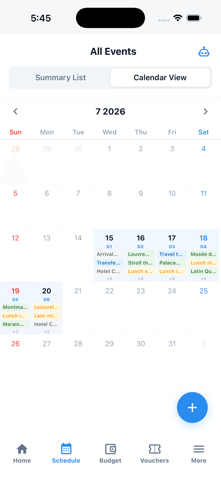 Tripop English calendar view, July 15-20, D1-D6 Paris and Versailles itinerary