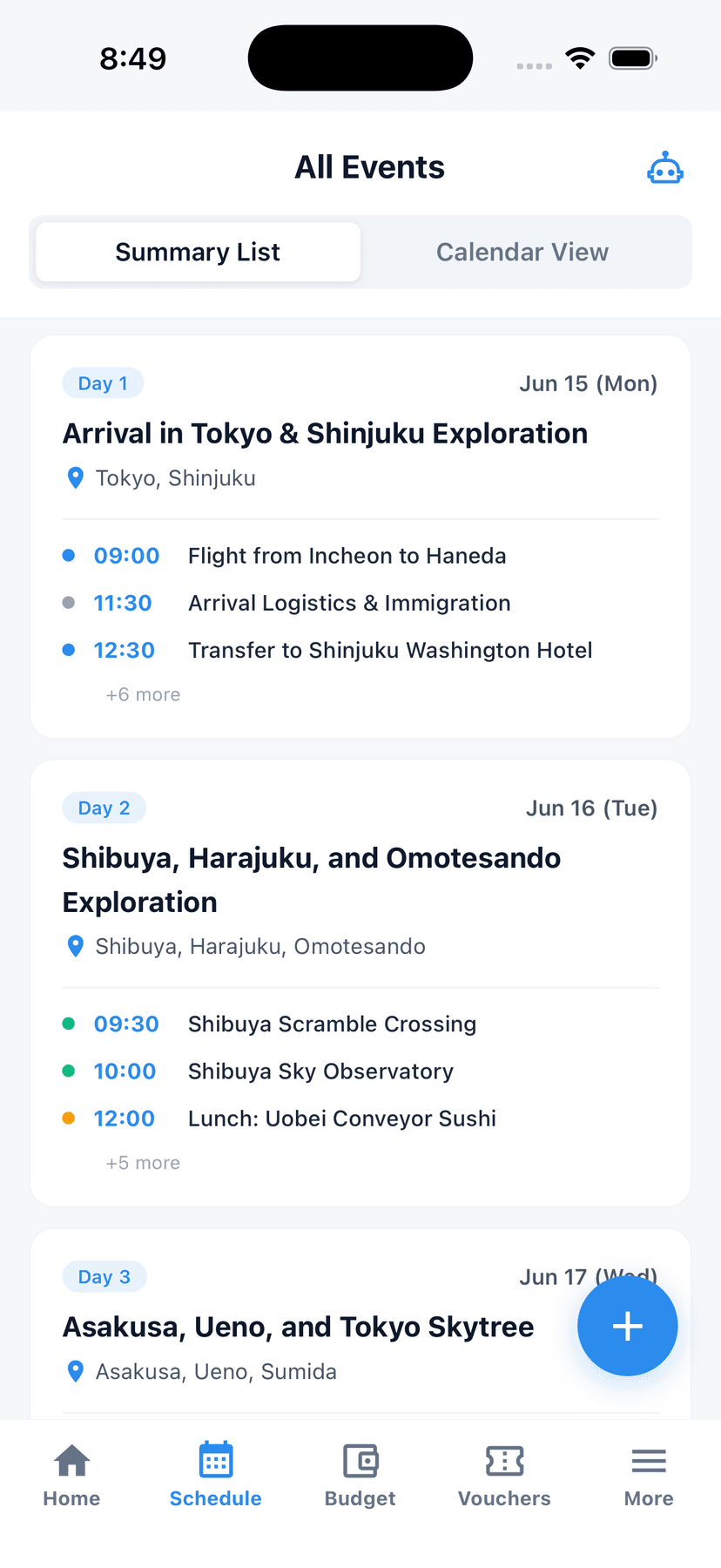 Tripop English summary list, Day 1 Tokyo arrival + Shinjuku, Day 2 Shibuya / Harajuku, Day 3 Asakusa / Skytree