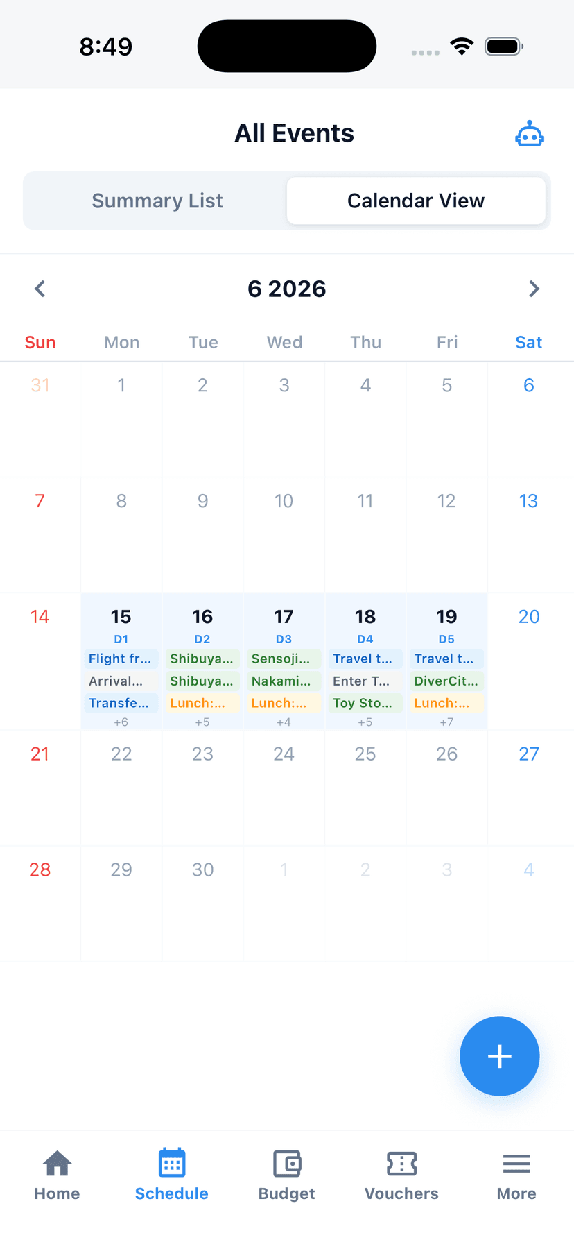 Tripop English calendar view, D1–D5 Tokyo itinerary across June 15–19