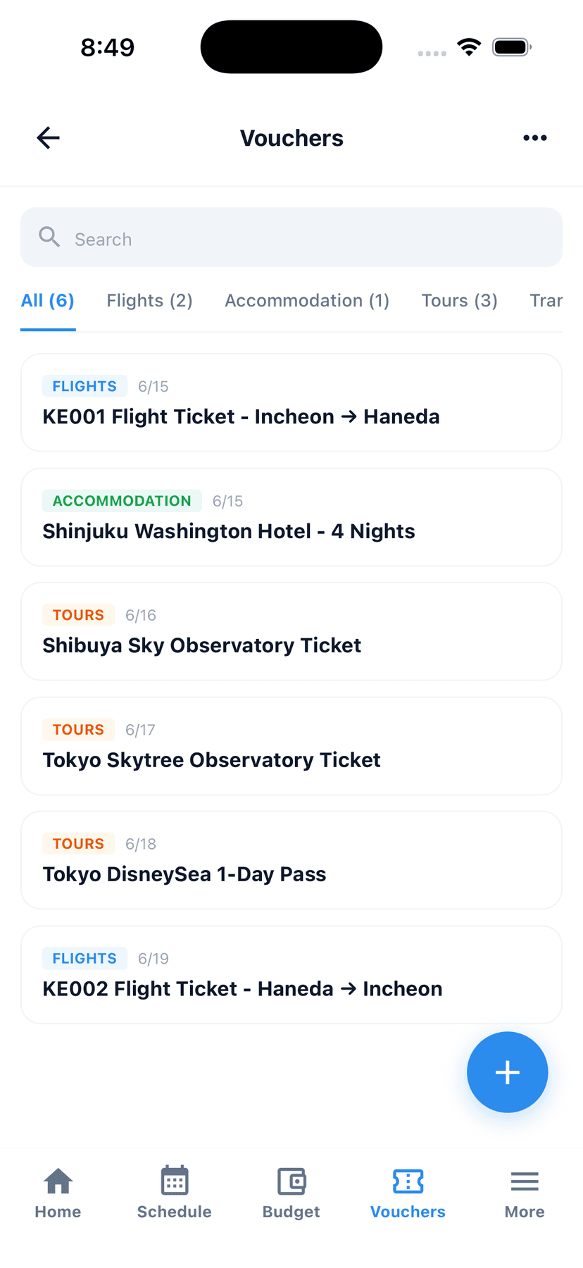 Tripop Vouchers in English, 2 flights (KE001, KE002), 1 accommodation, 3 tours (Shibuya Sky, Tokyo Skytree, Tokyo DisneySea)
