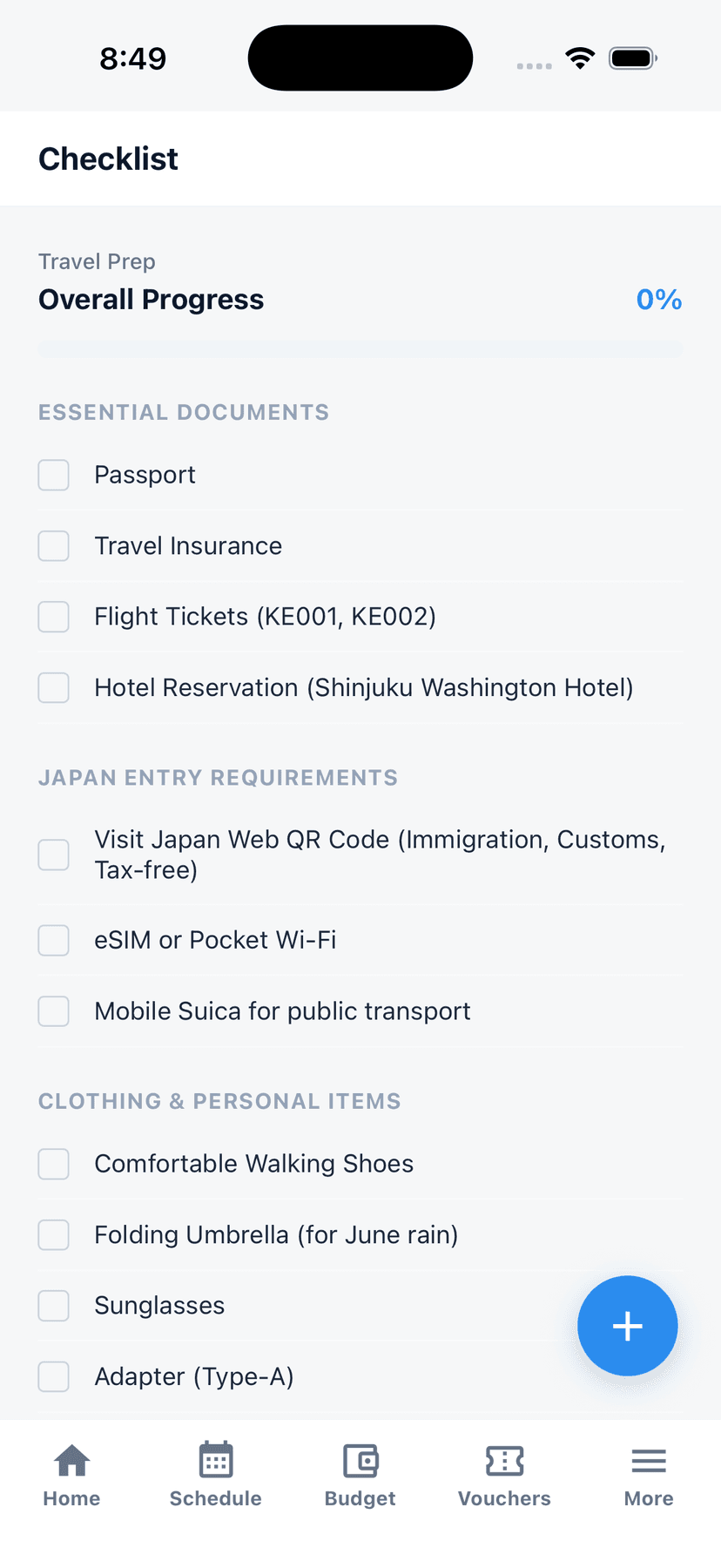 Tripop Checklist in English, Essential Documents, Japan Entry Requirements, Clothing and Personal Items for Tokyo