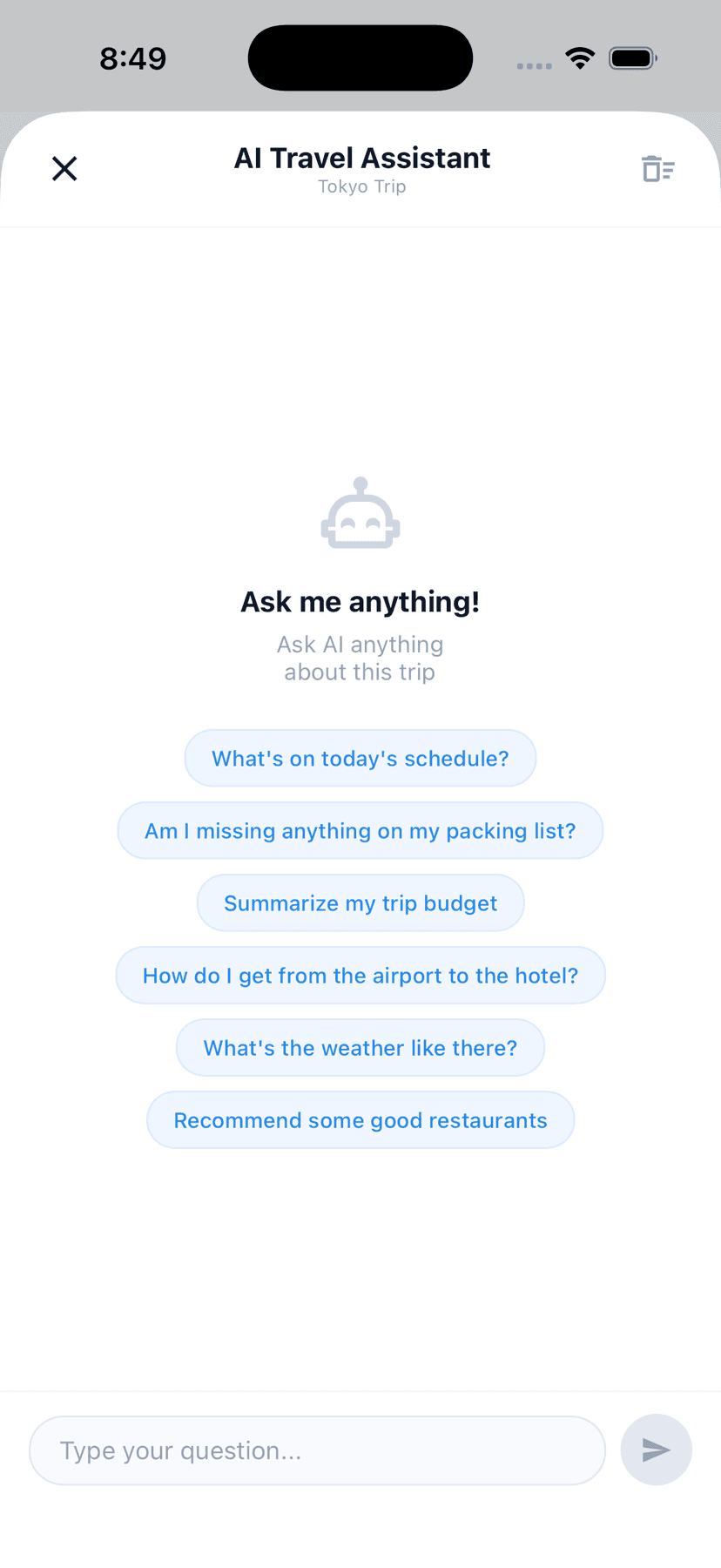 Tripop AI Travel Assistant in English, Tokyo Trip context with quick prompts for schedule, packing, budget, airport route, weather, restaurants