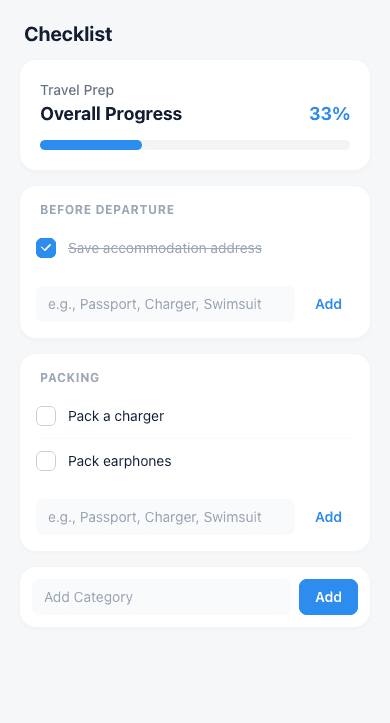 The web checklist screen with two categories and three items, one of them checked, showing 33% overall progress