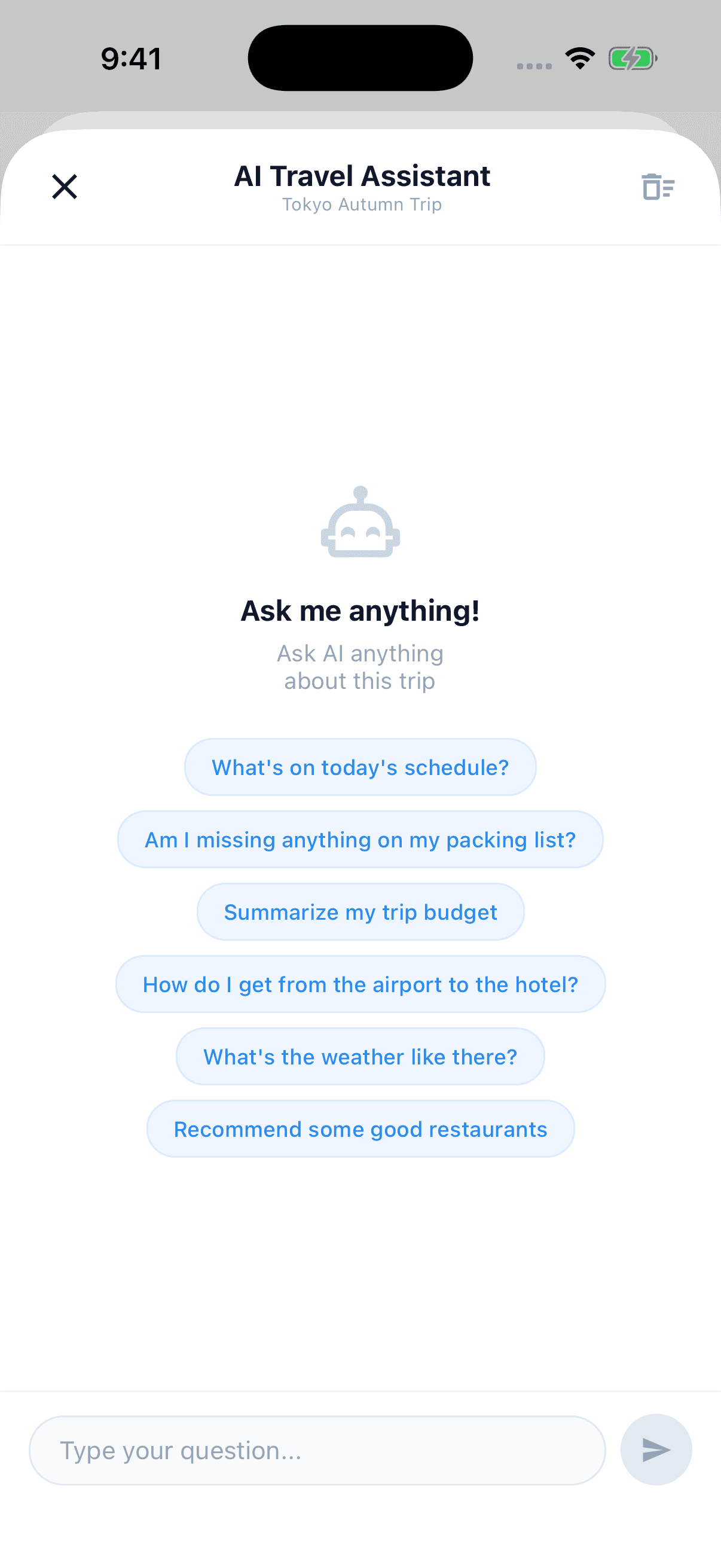 Tripop AI assistant chat screen for questions about a trip