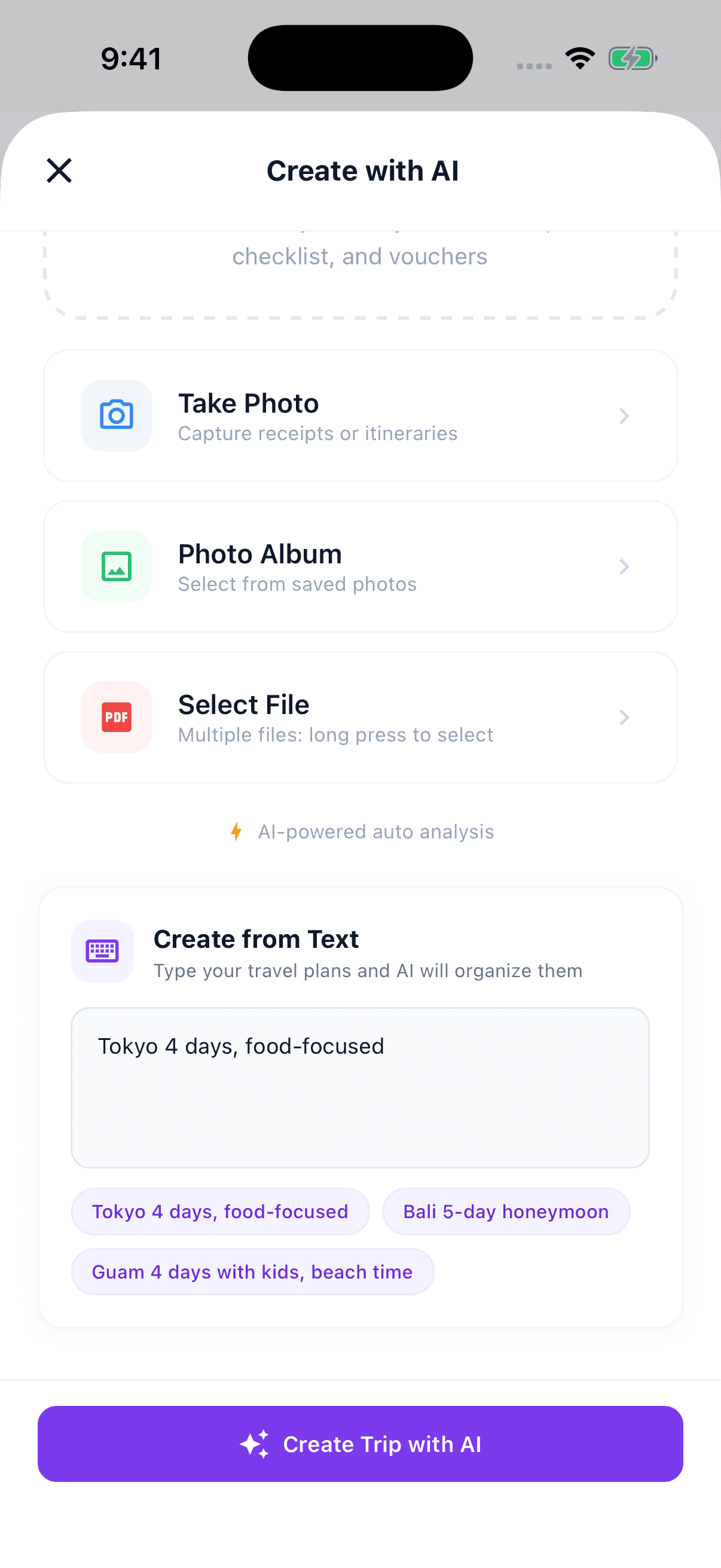 Tripop AI trip creation screen for entering travel preferences