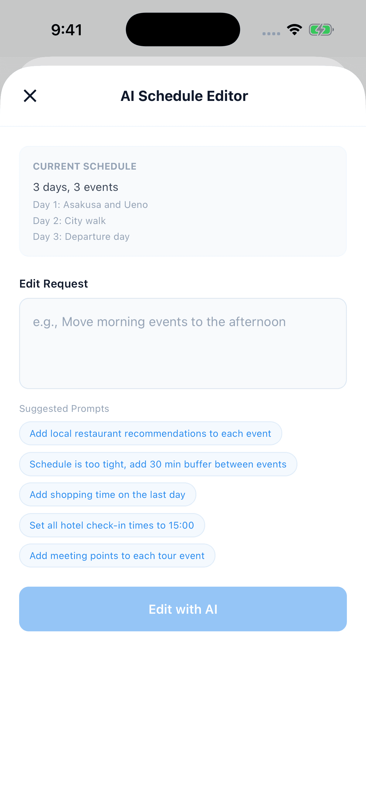 Tripop AI schedule editing screen with a written change request