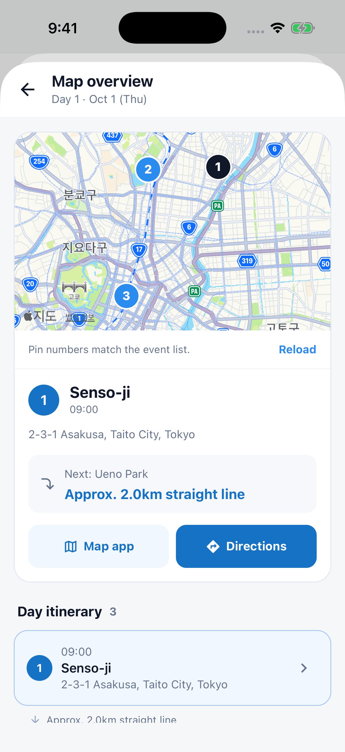 Tripop Map overview showing Senso-ji, Ueno Park and Tokyo Station, with the straight-line distance to the next stop