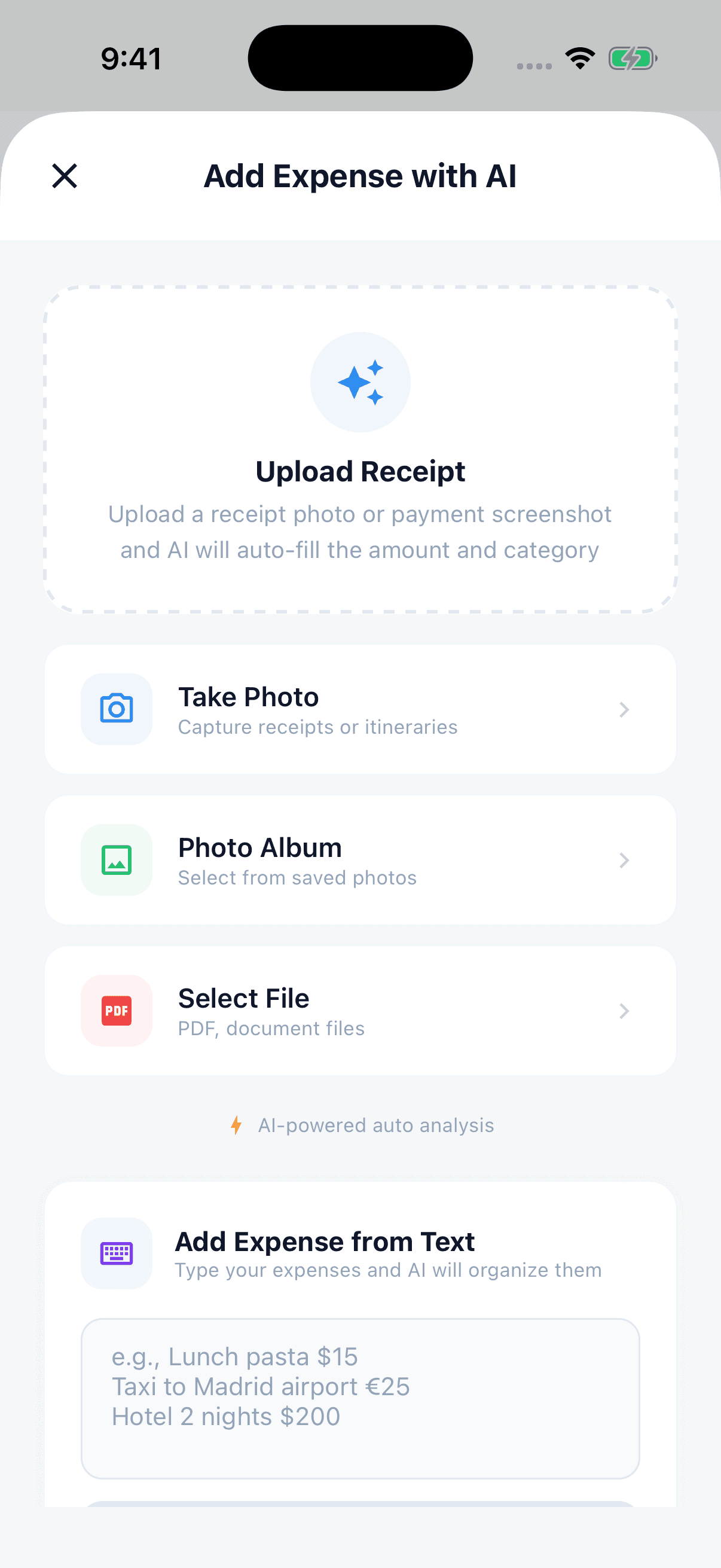 Tripop AI expense entry screen for receipt photos and spending text
