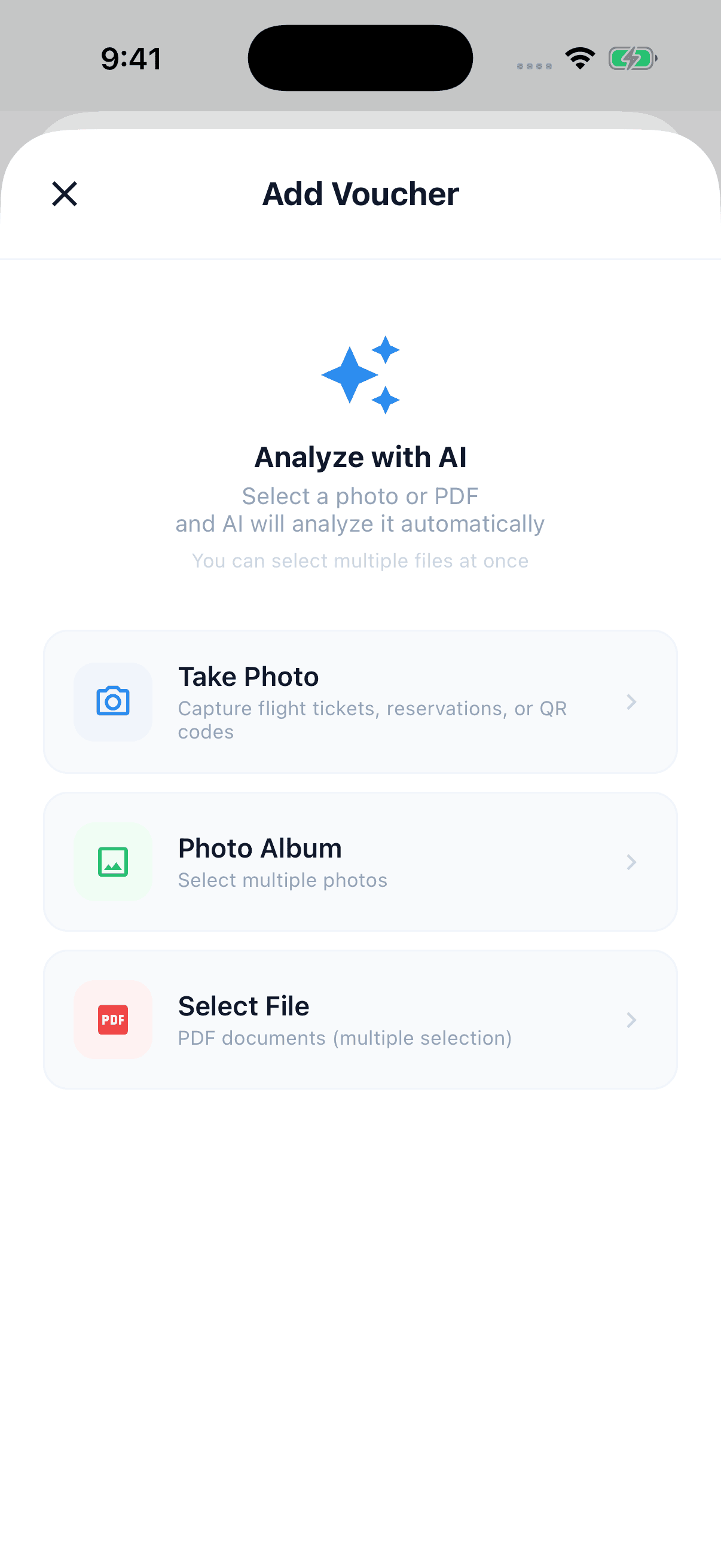 Tripop screen for adding reservation documents from photos and files