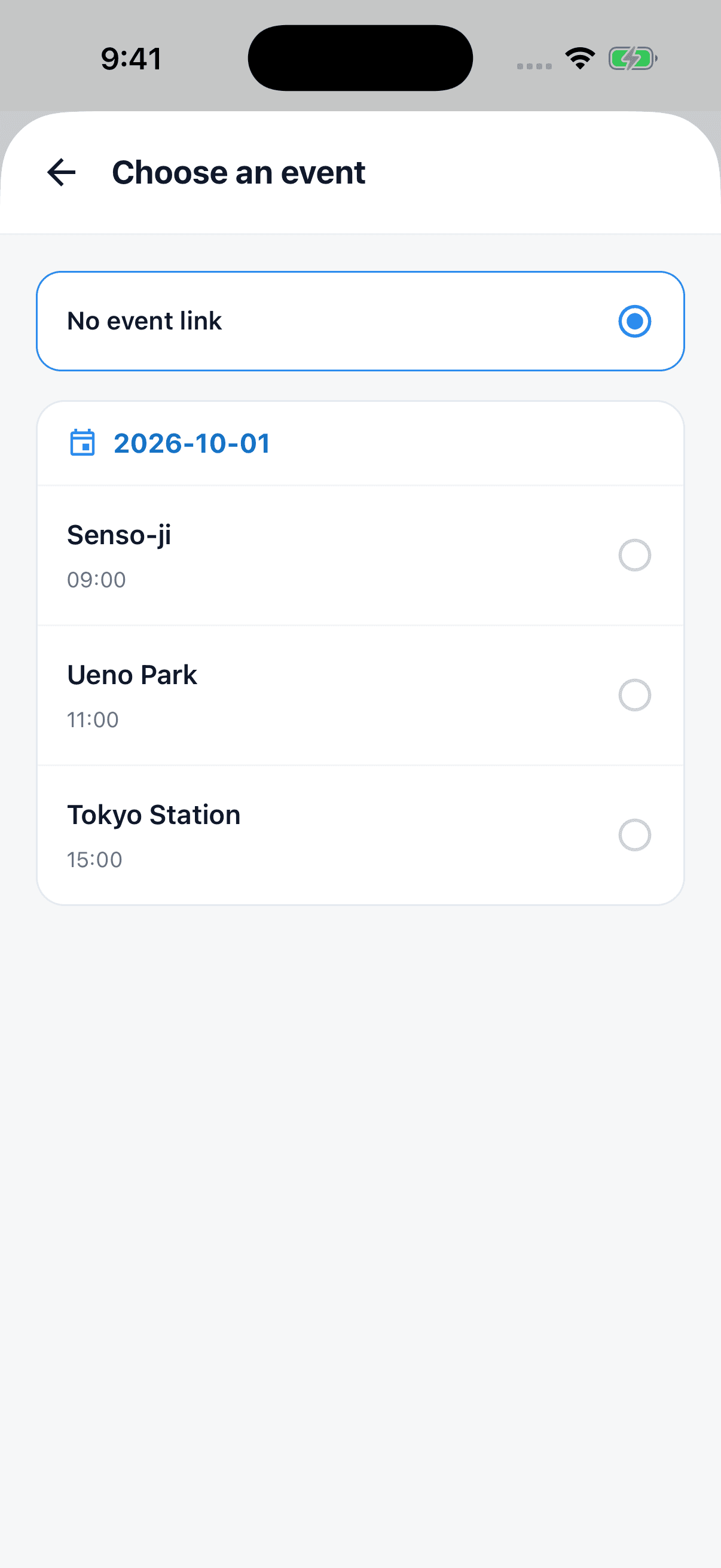Tripop picker showing existing itinerary items for a reservation-document link