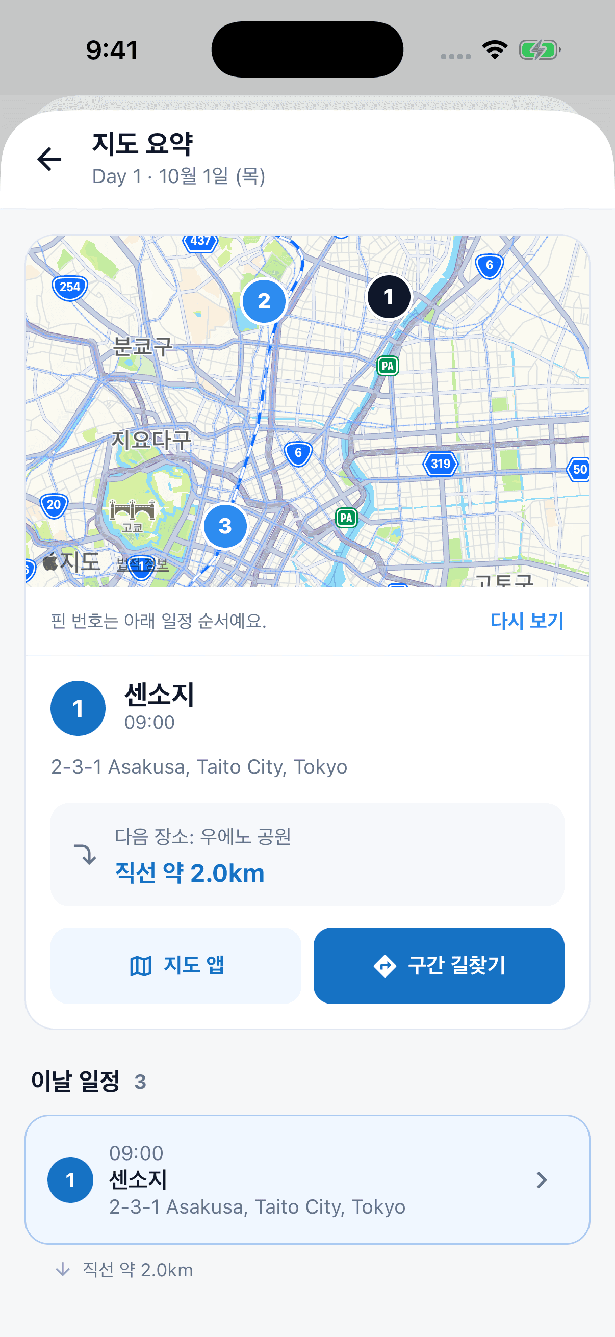 센소지, 우에노 공원, 도쿄역의 위치와 다음 장소까지의 직선거리를 보여주는 트립팝 지도 요약